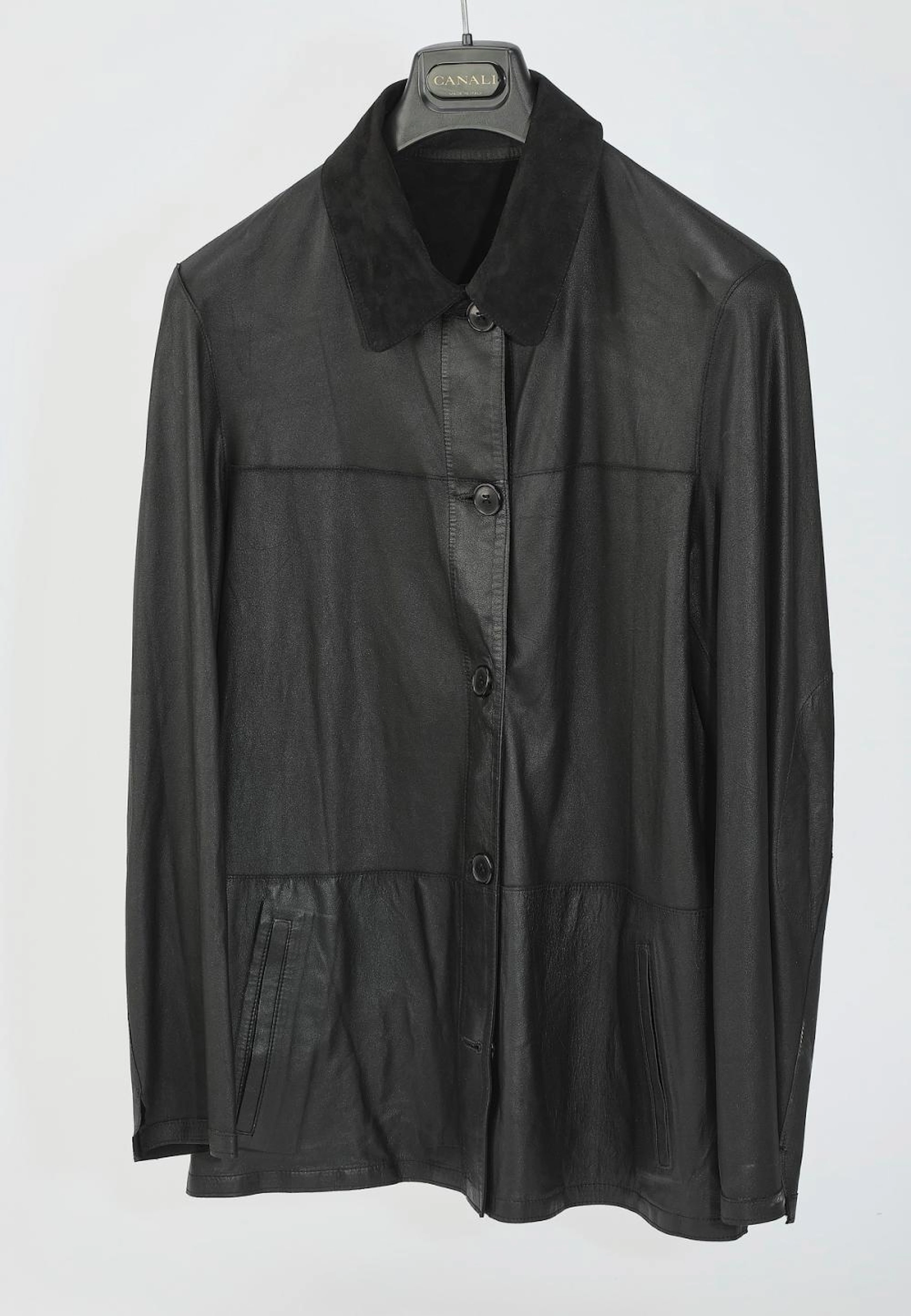 Black leather car coat by Marcello Sport