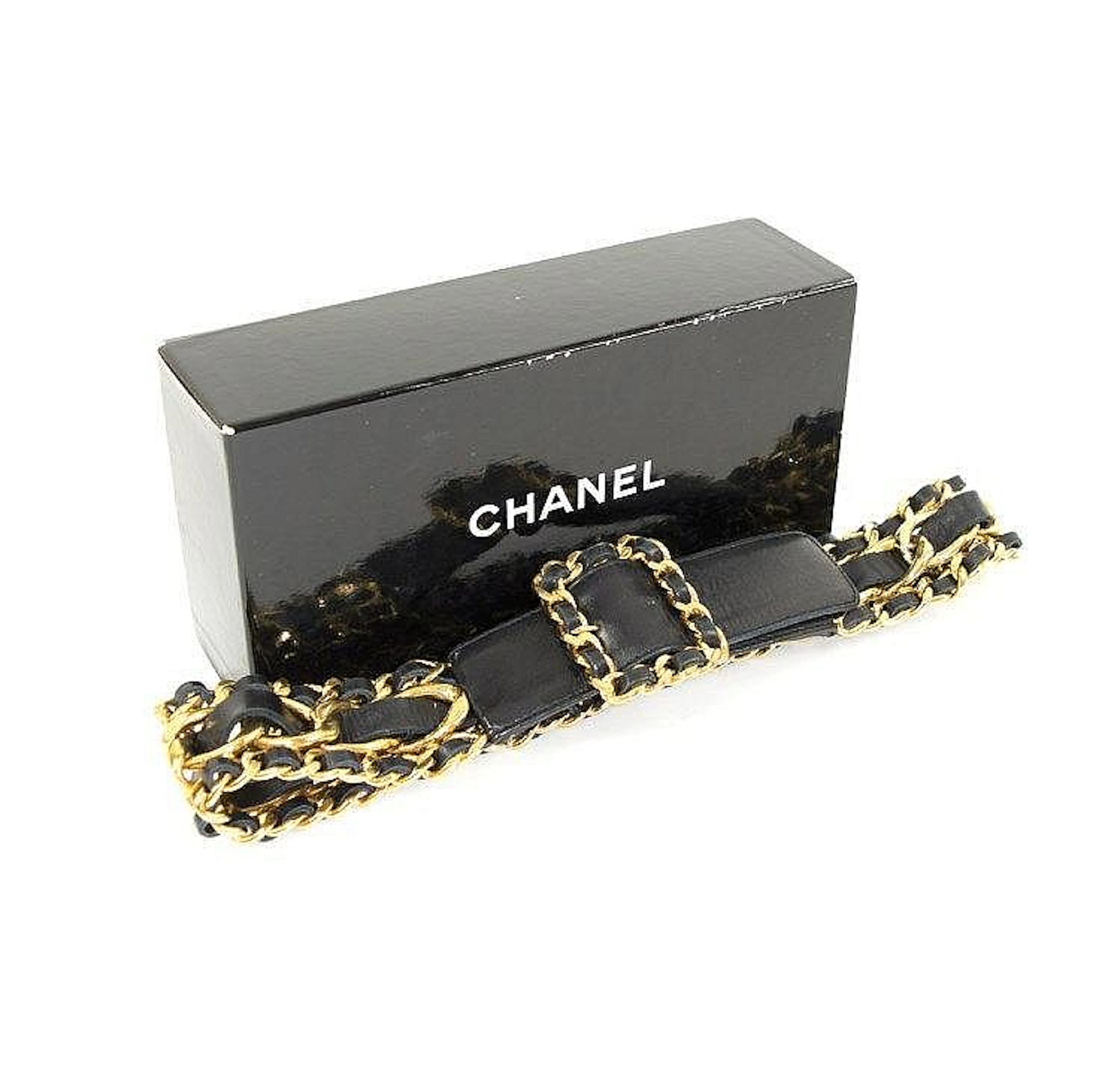 CHANEL VINTAGE BELT, with gold plated and black leather woven chain link an