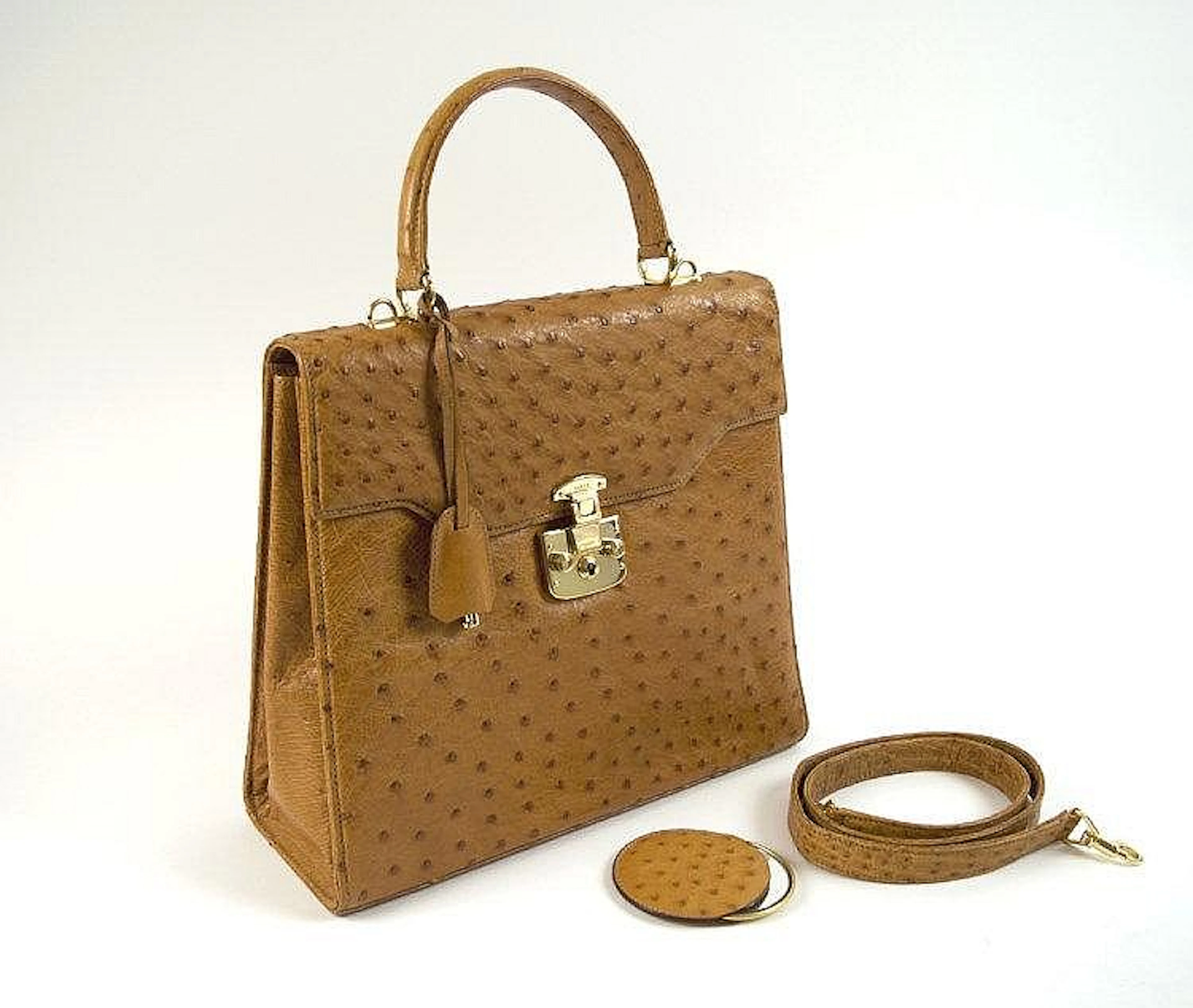 VINTAGE GUCCI KELLY STYLE HANDBAG, limited edition in tan oistrich with ois