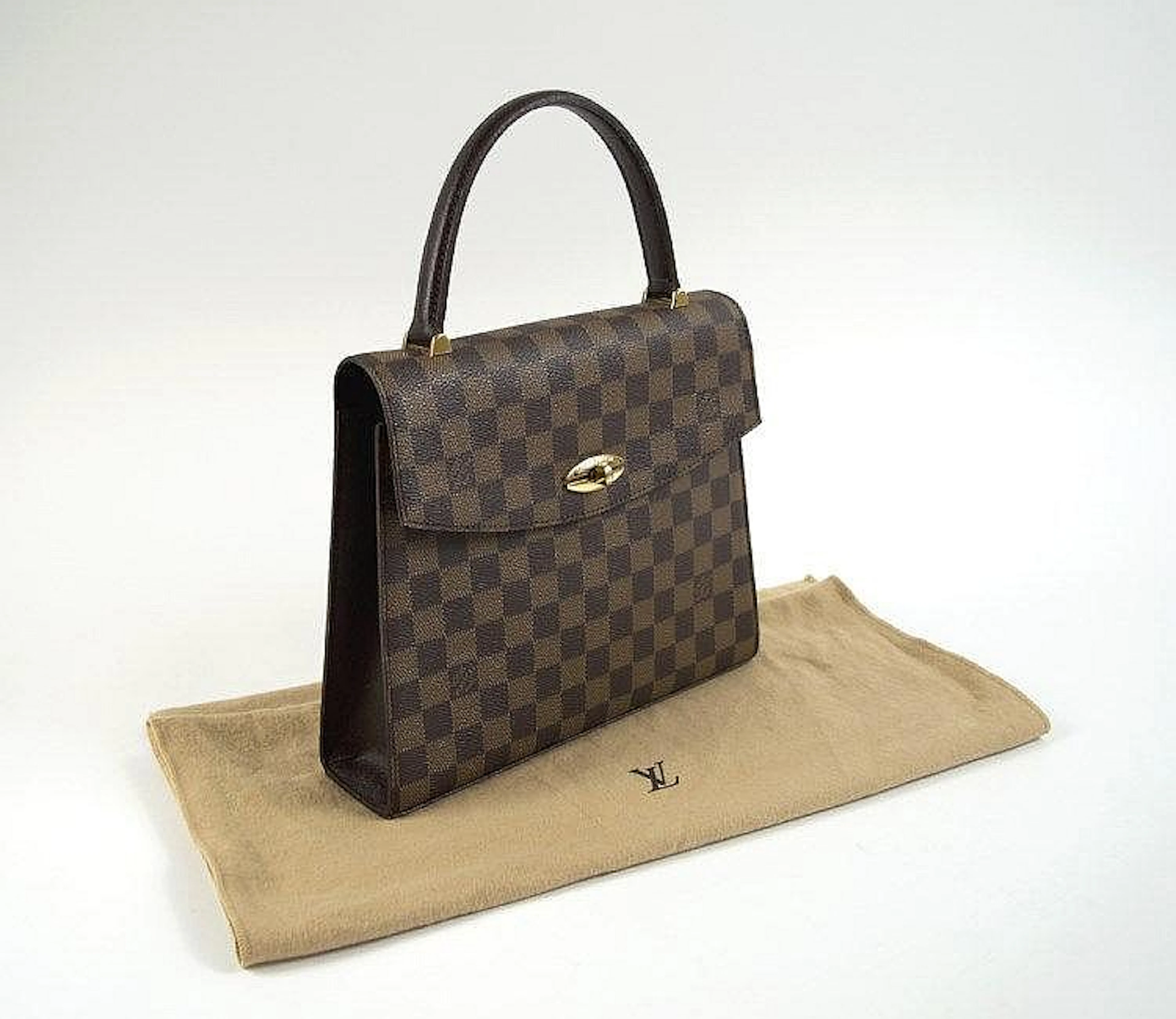 LOUIS VUITTON DAMIER EBENE MONOGRAM MALESHERBES KELLY BAG, gold tone twist