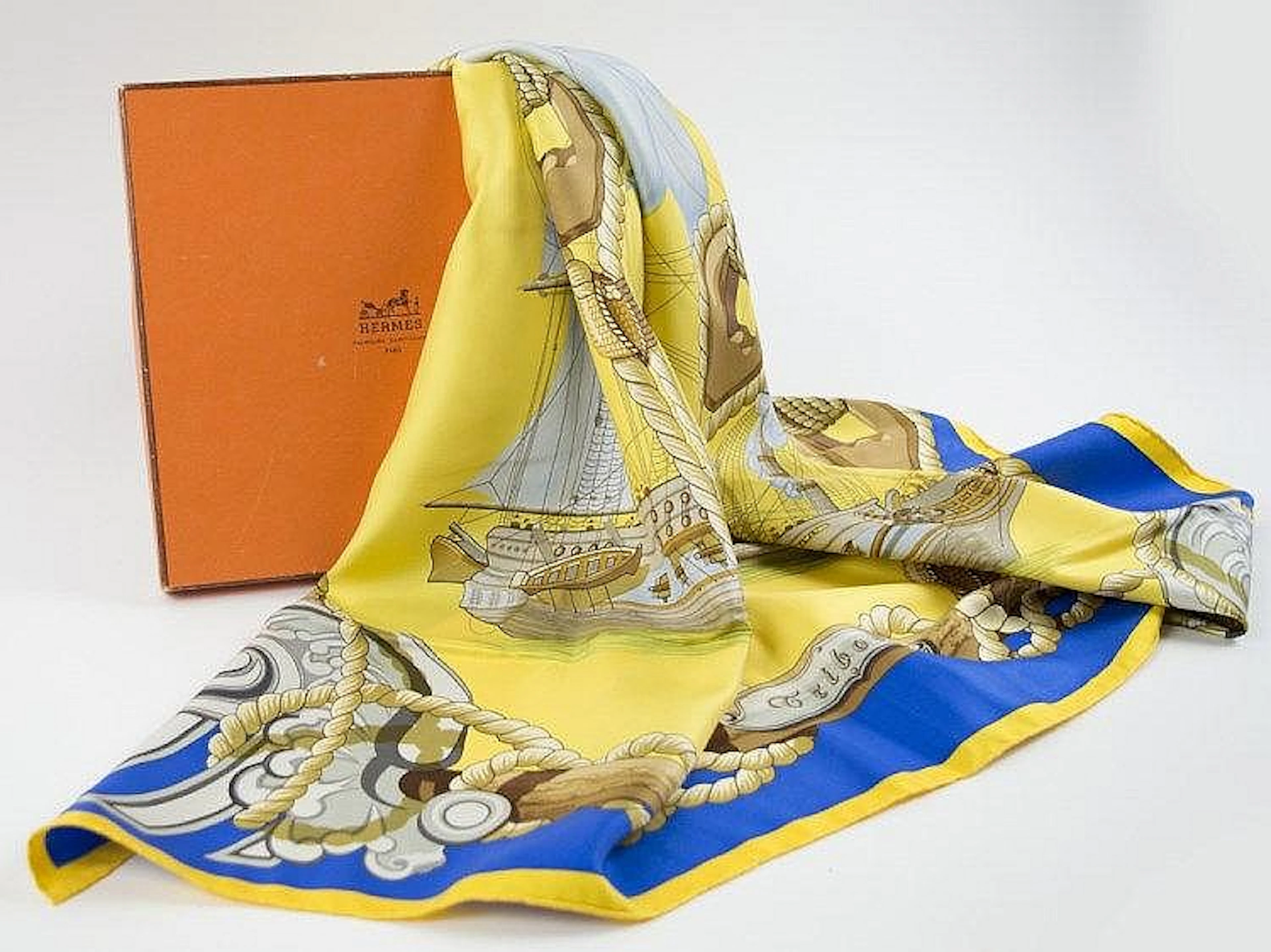 HERMES 'TRIBORD' SILK SCARF, square scarf, nautical scene and knot design,