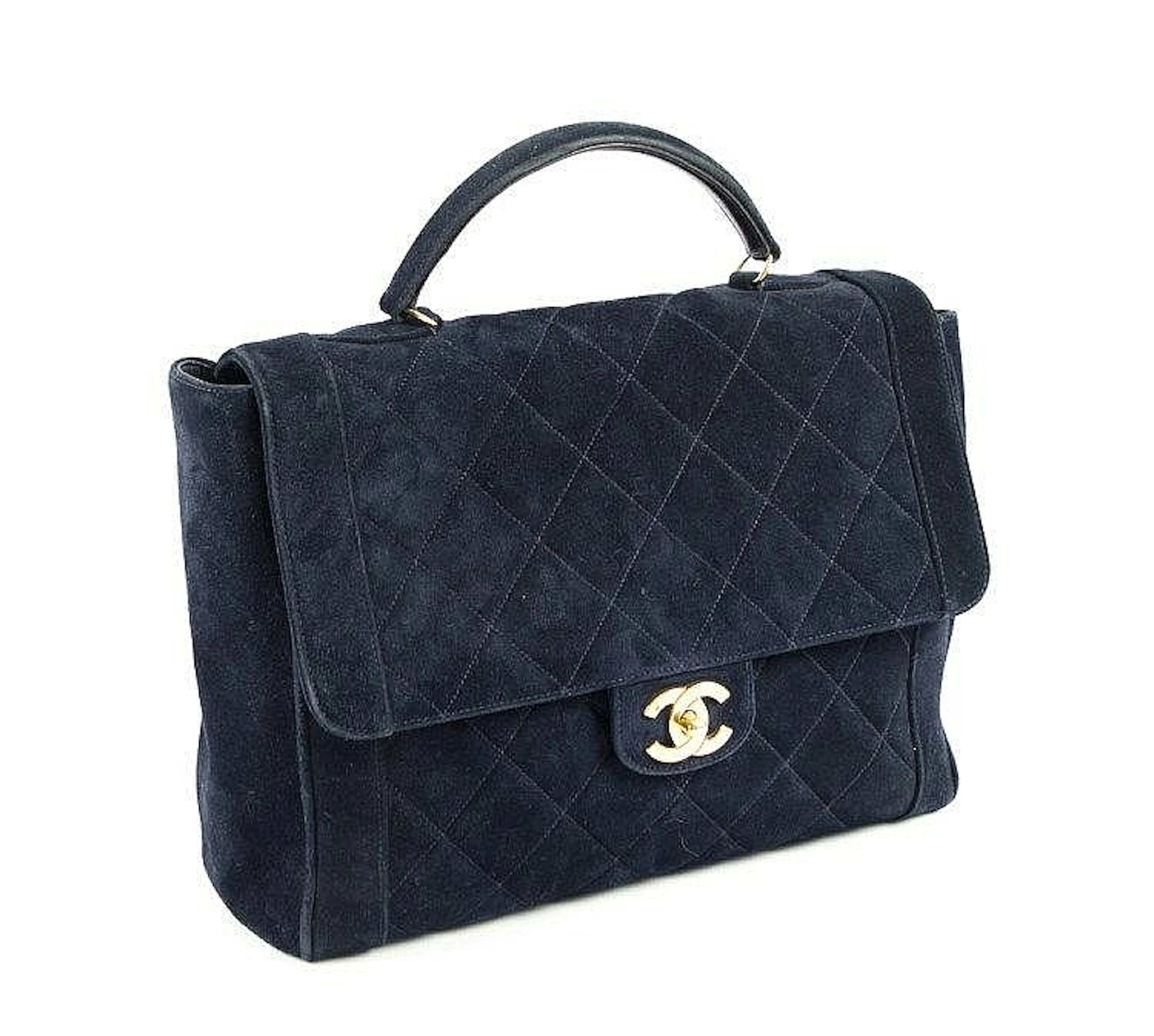 CHANEL VINTAGE TOTE, navy blue quilted suede, large flap closure with iconi