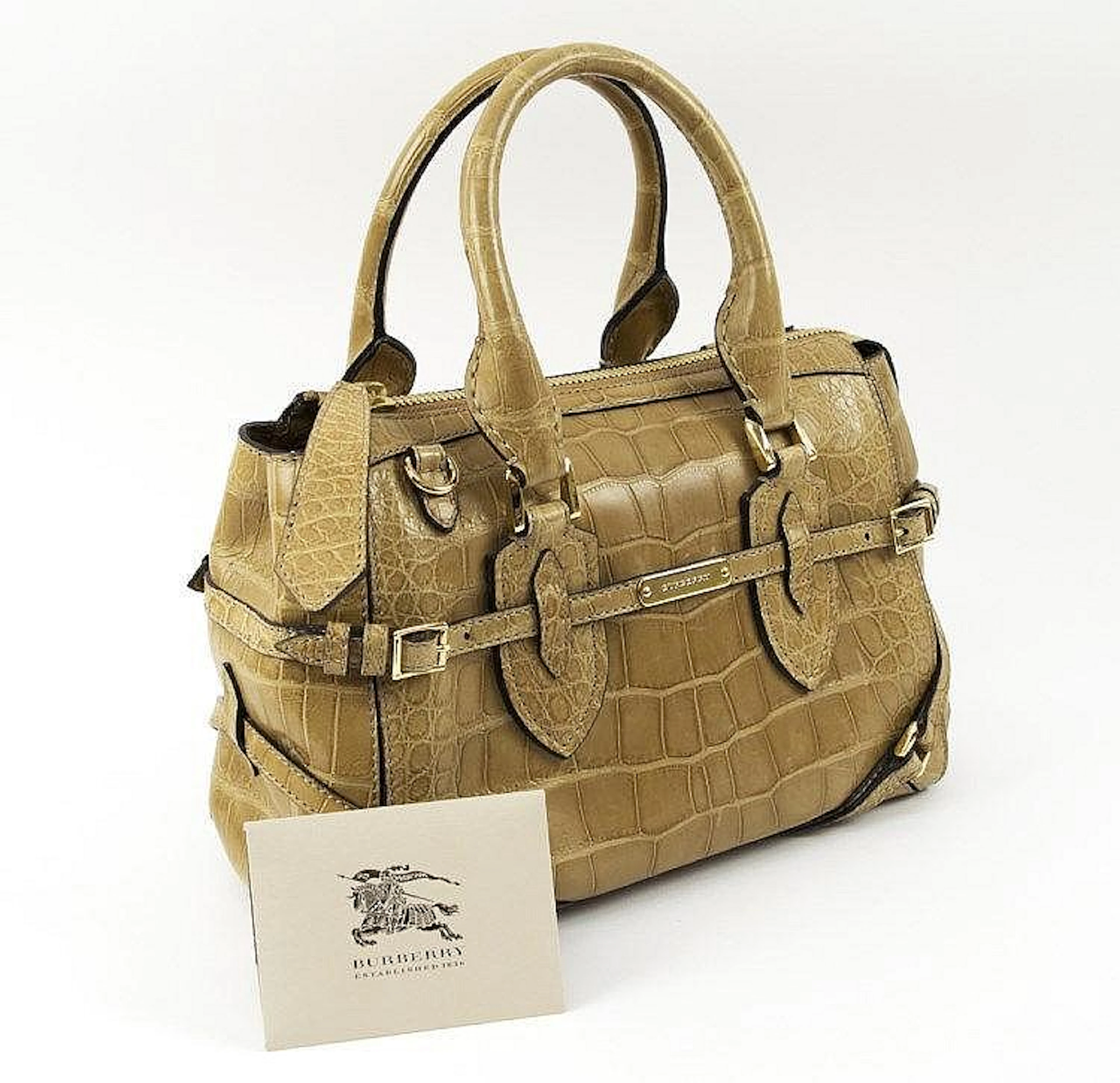 BURBERRY GLADSTONE TOTE BAG, tan alligator leather with gold tone hardware,