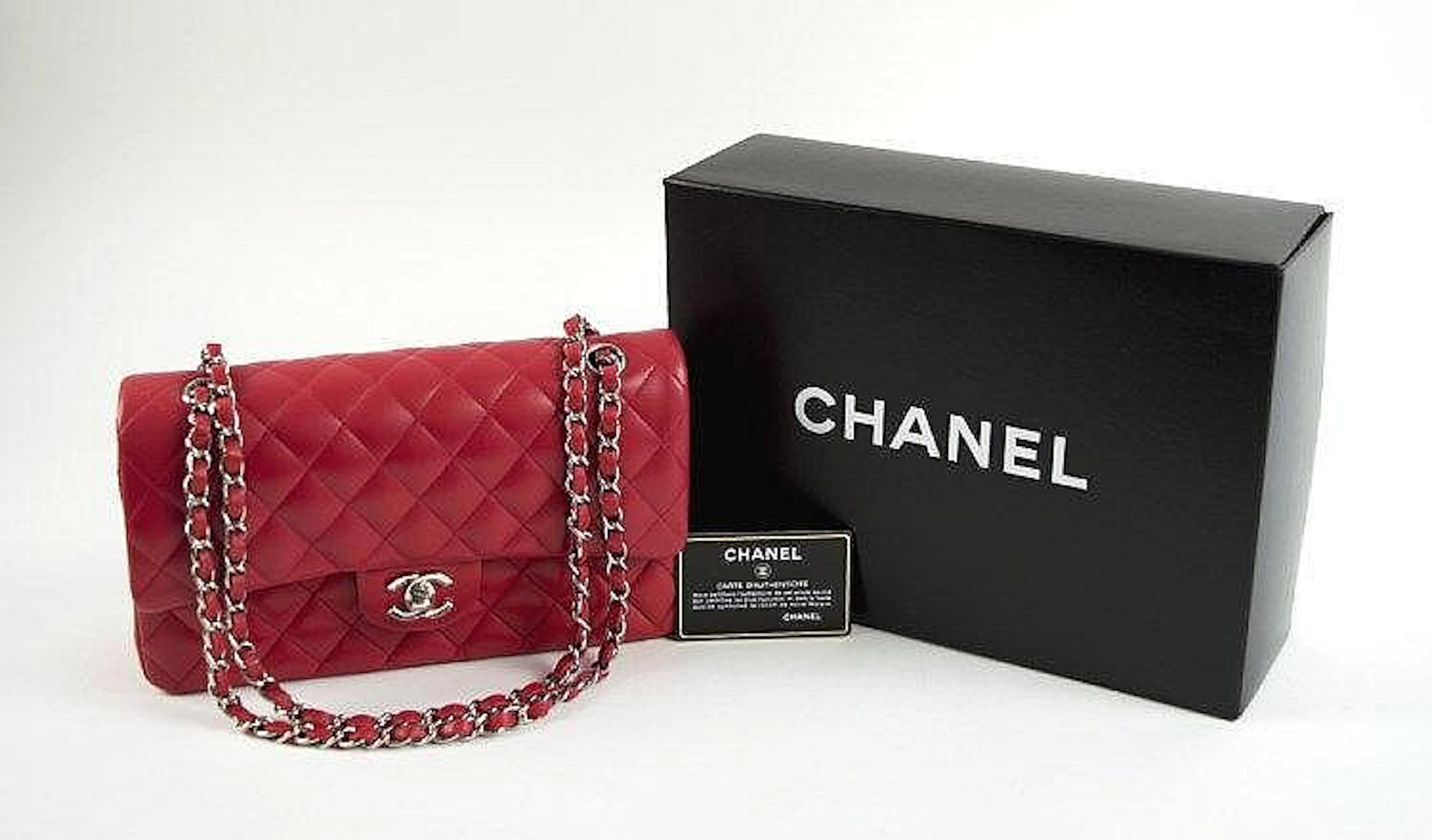 CHANEL 2.55 CLASSIC FLAP BAG, watermelon red lambskin with front double fla