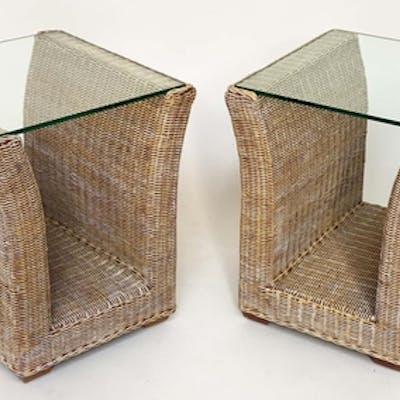 LAMP/OCCASIONAL TABLES, a pair, 1970s woven cane and rattan ...