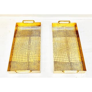 COCKTAIL TRAYS, a pair, faux crocodile embossed gilt metal d...
