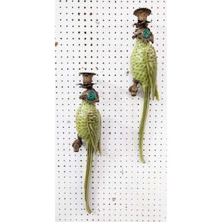 WALL SCONCES, a pair, in the form of parrots, glazed ceramic...