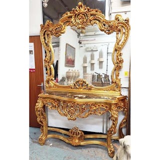 CONSOLE TABLE AND MIRROR, Rococo style, gilt, marble top, be...