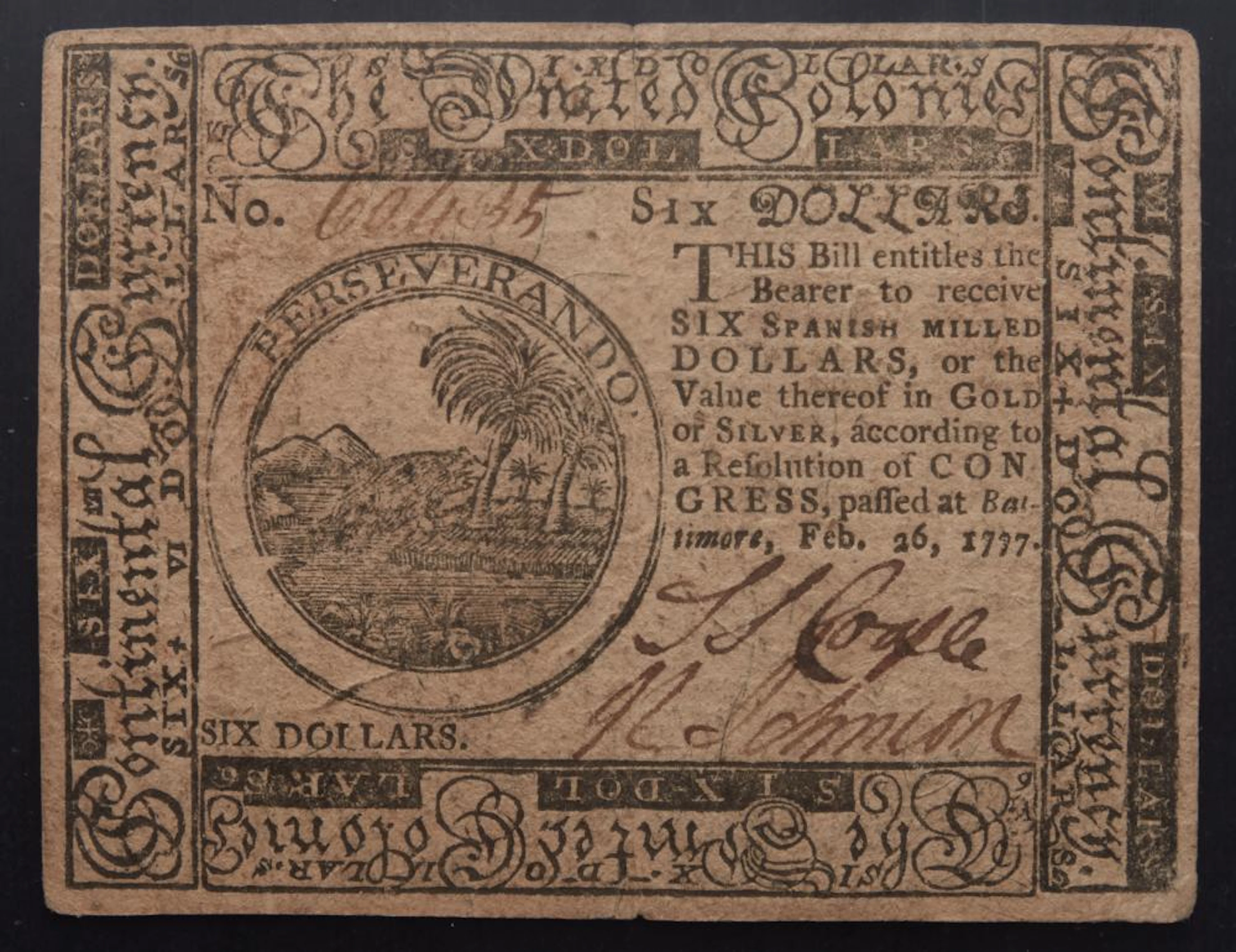 Continental Currency. Feb. 26, 1777 $6.00 Balltimore. PCGS VF