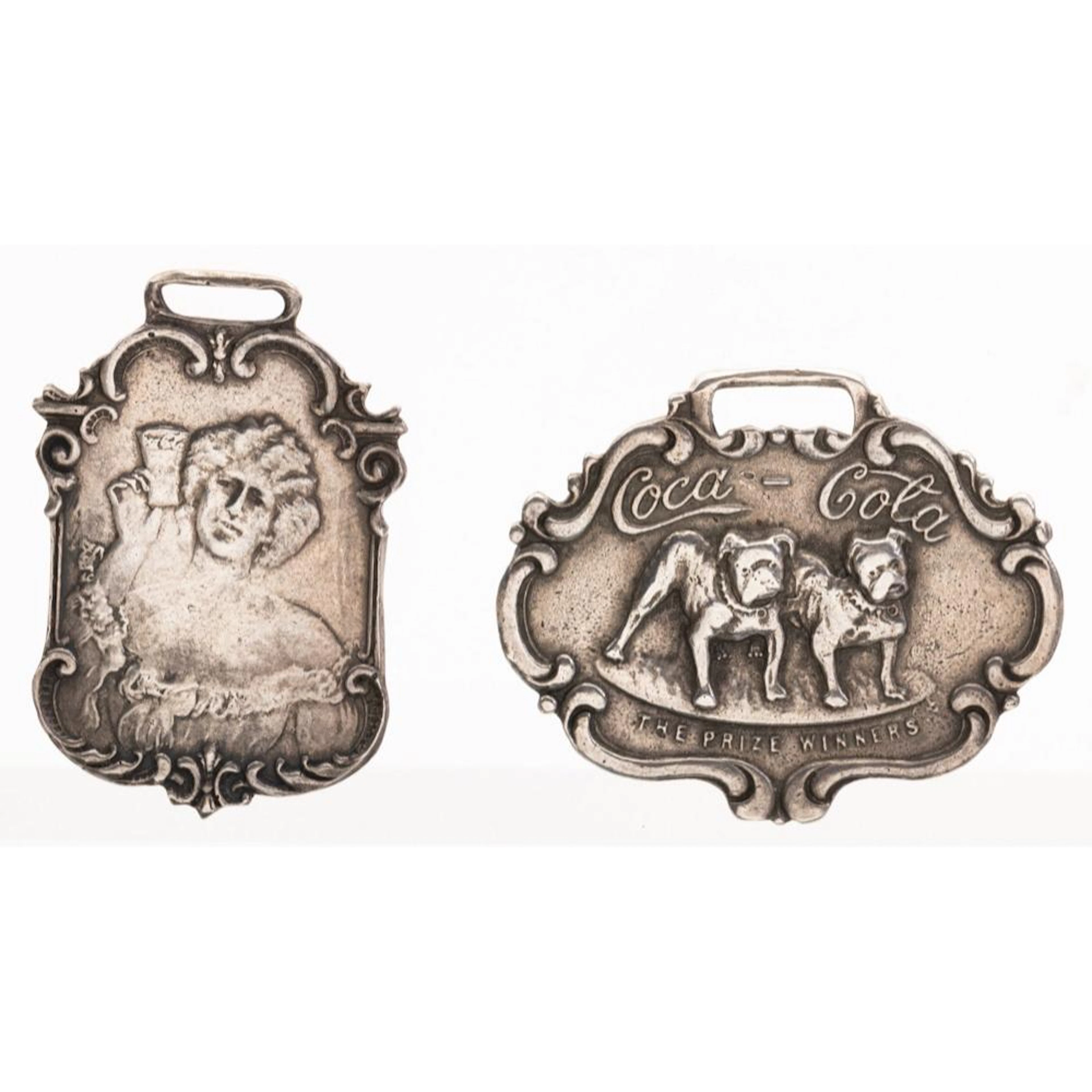 Two Sterling Silver Coca-Cola Watch Fobs: Woman With Glass and Double Bulldog