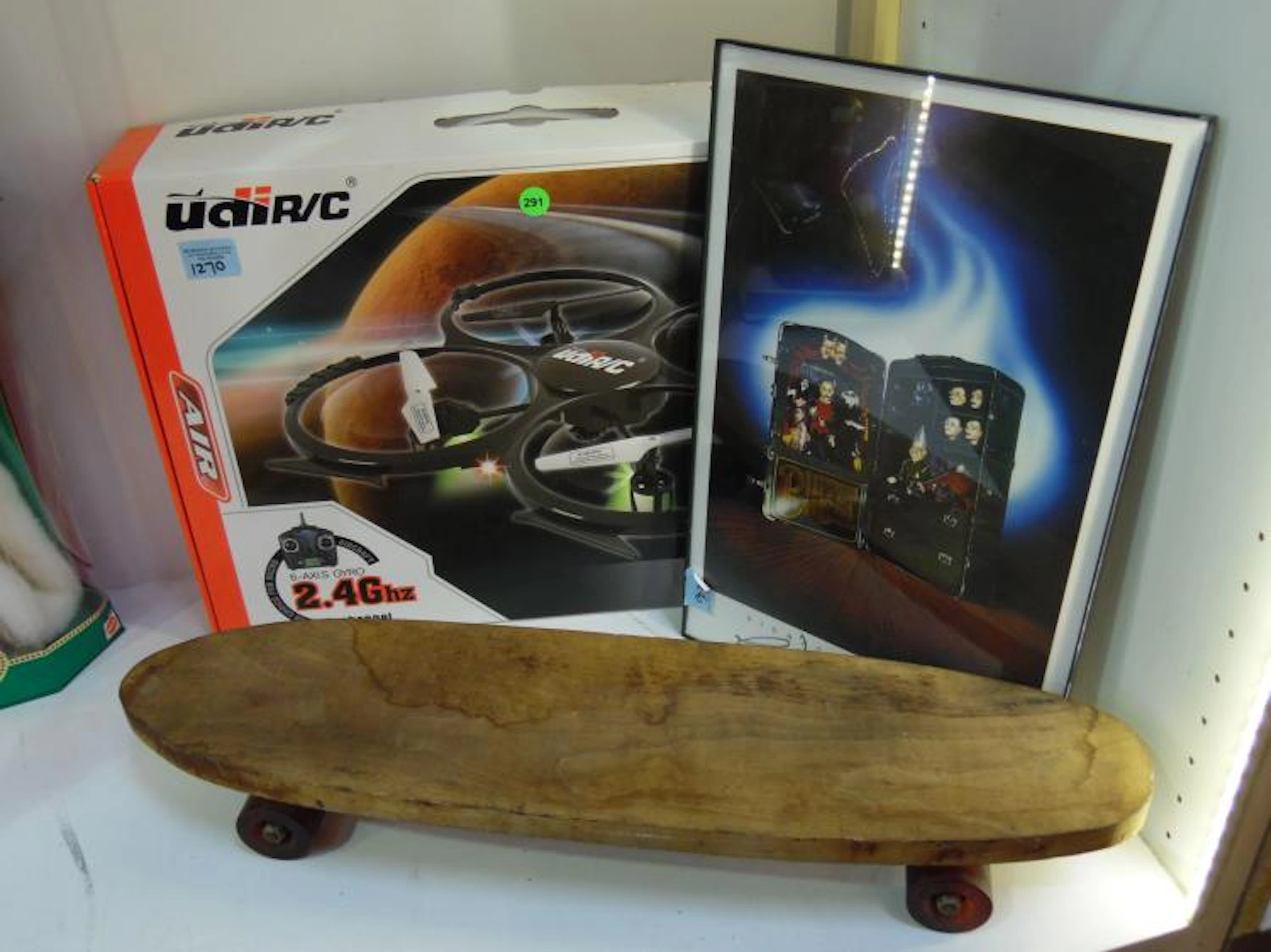3 PCS LOT- GYRO AIRCRAFT IN BOX, 1970'S ORIGINAL SKATEBOARD AND SIGNED PUPPET MASTER POSTER # 179/500