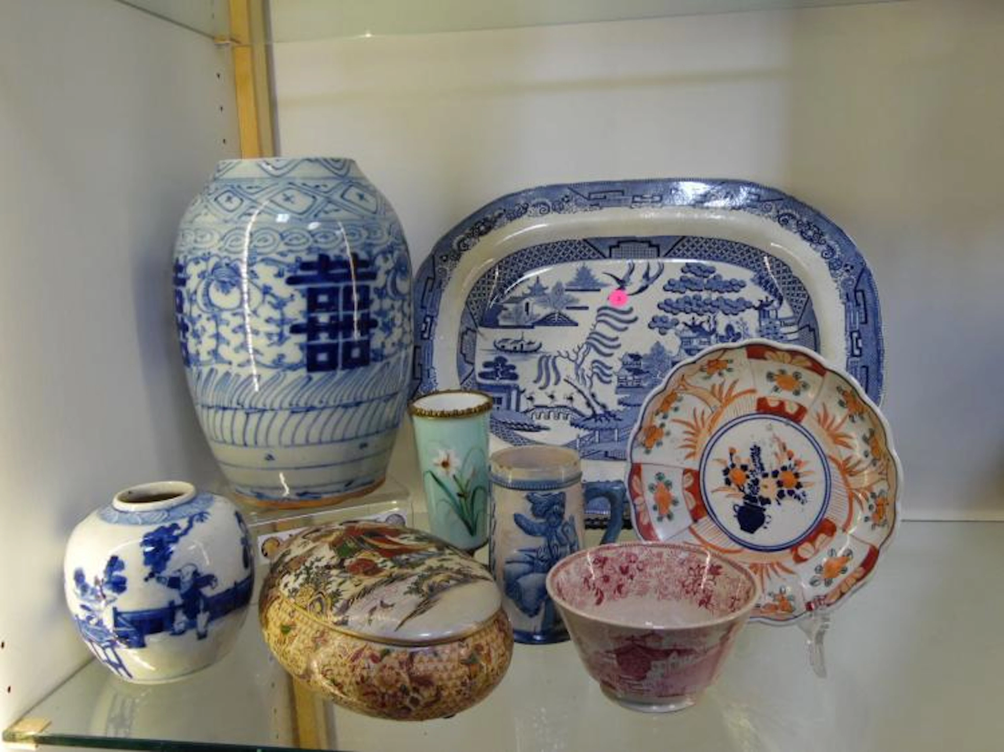 LOT INCLUDING RED/PINK IRONSTONE TRANSFERWARE TOWN STREET SCENE BOWL, STONEWARE MUG BY ROBINSON CLAY PROD
