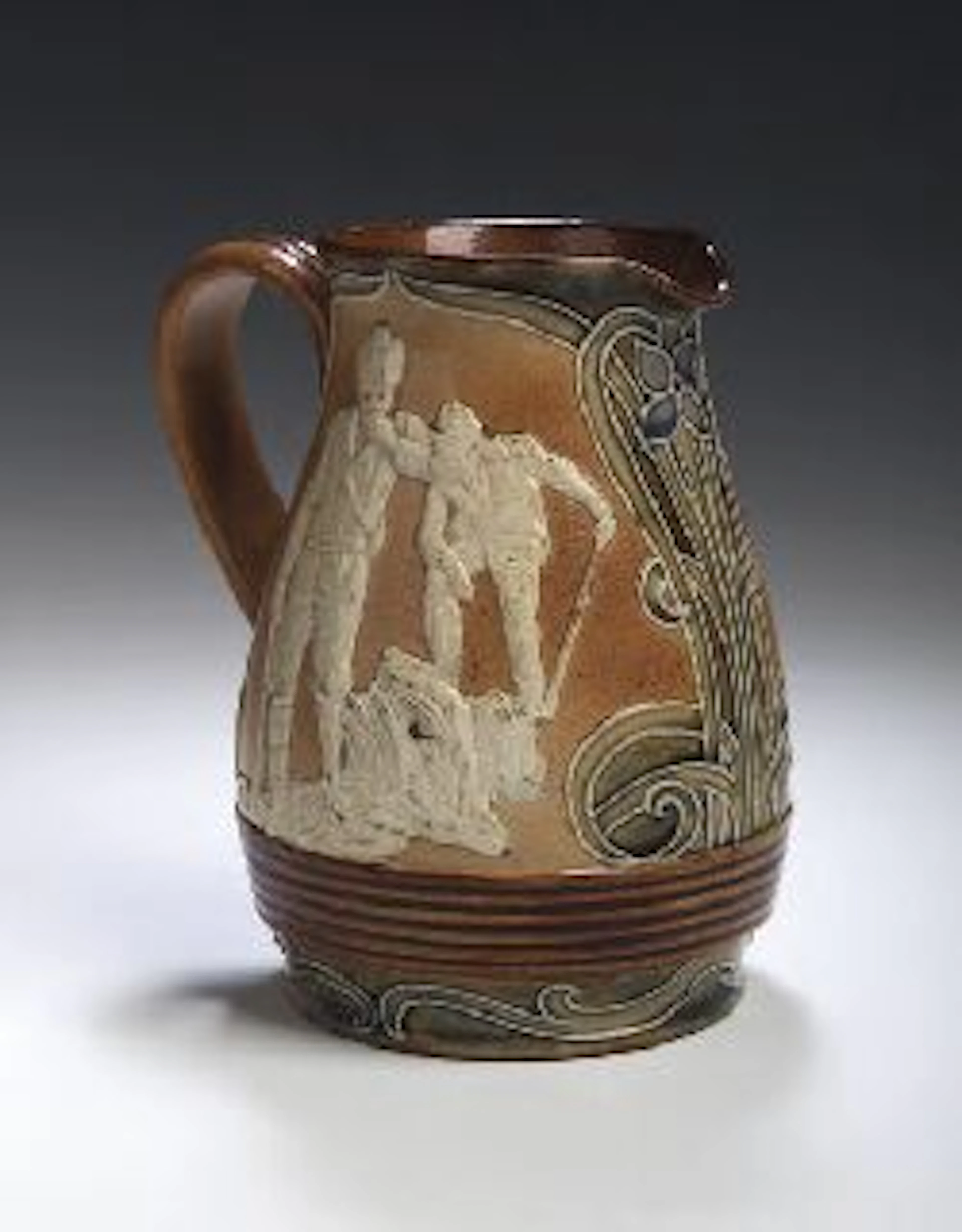 A Doulton Lambeth stoneware jug,, decorated in relief with figures of golfers within stylised art nouveau floral decoration,
