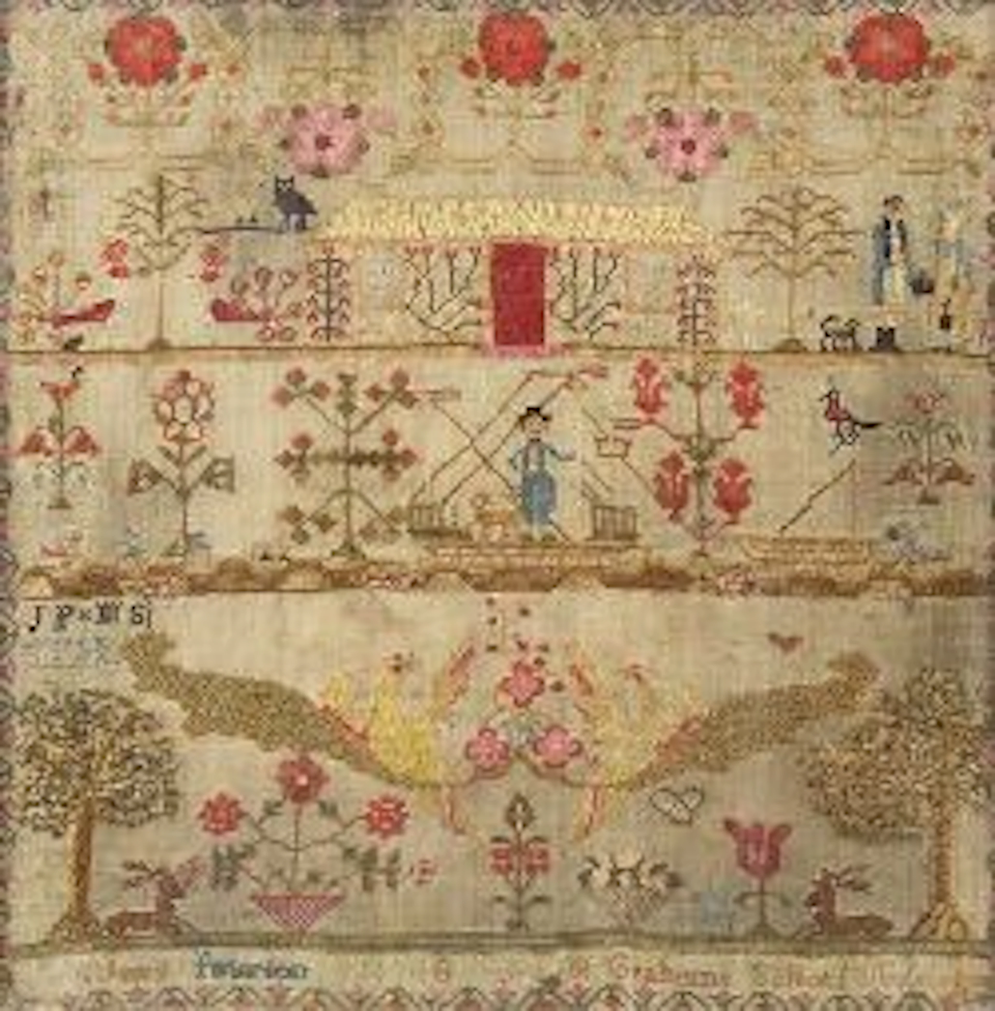 An early 19th century needlework sampler,, the linen ground decorated in a naive manner with a cottage, a sailor in a boat, a courting...