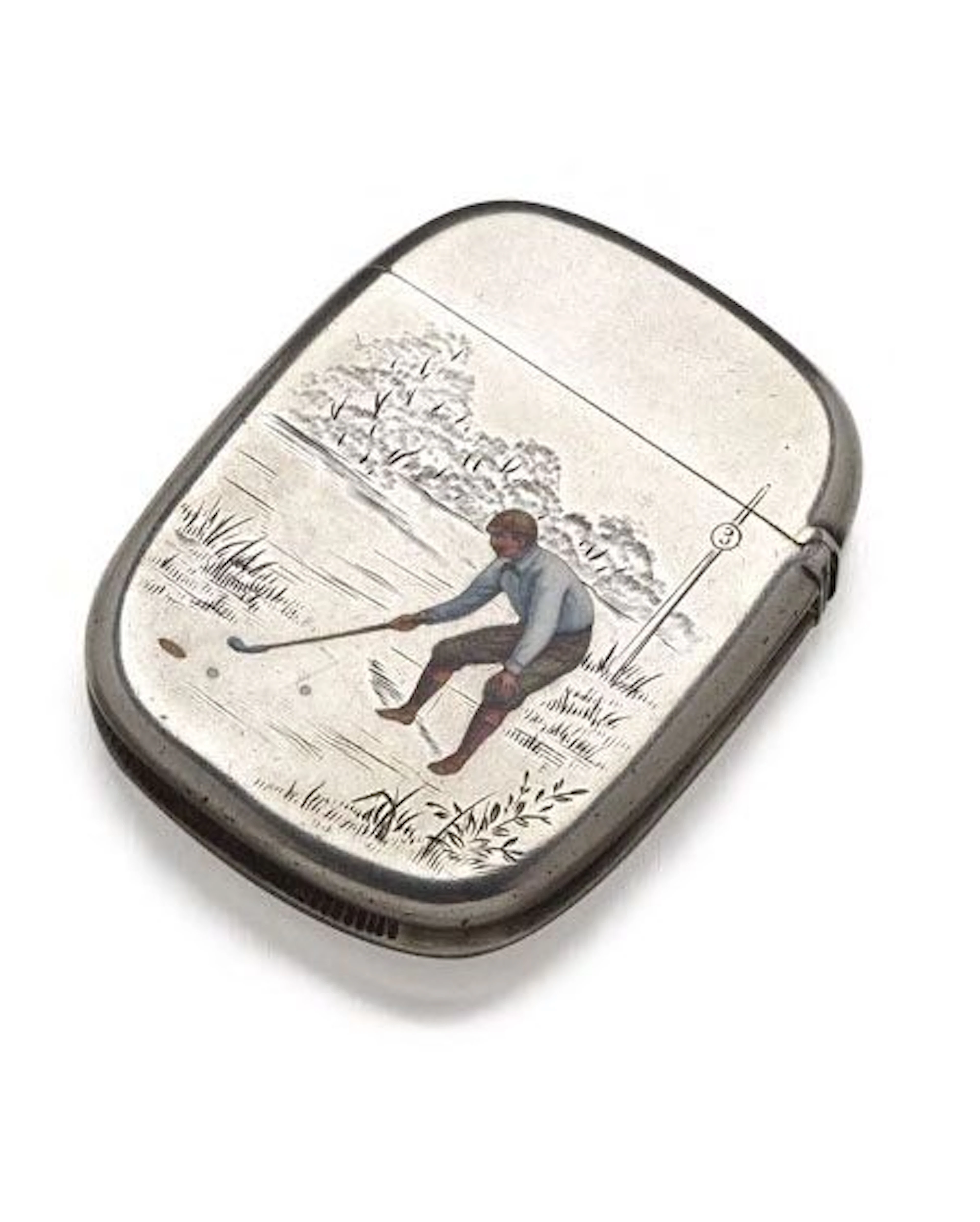A sterling silver and enamel vesta case,, decorated to the obverse with a golfer lining up a putt, made by Gorham, 5.5cm high