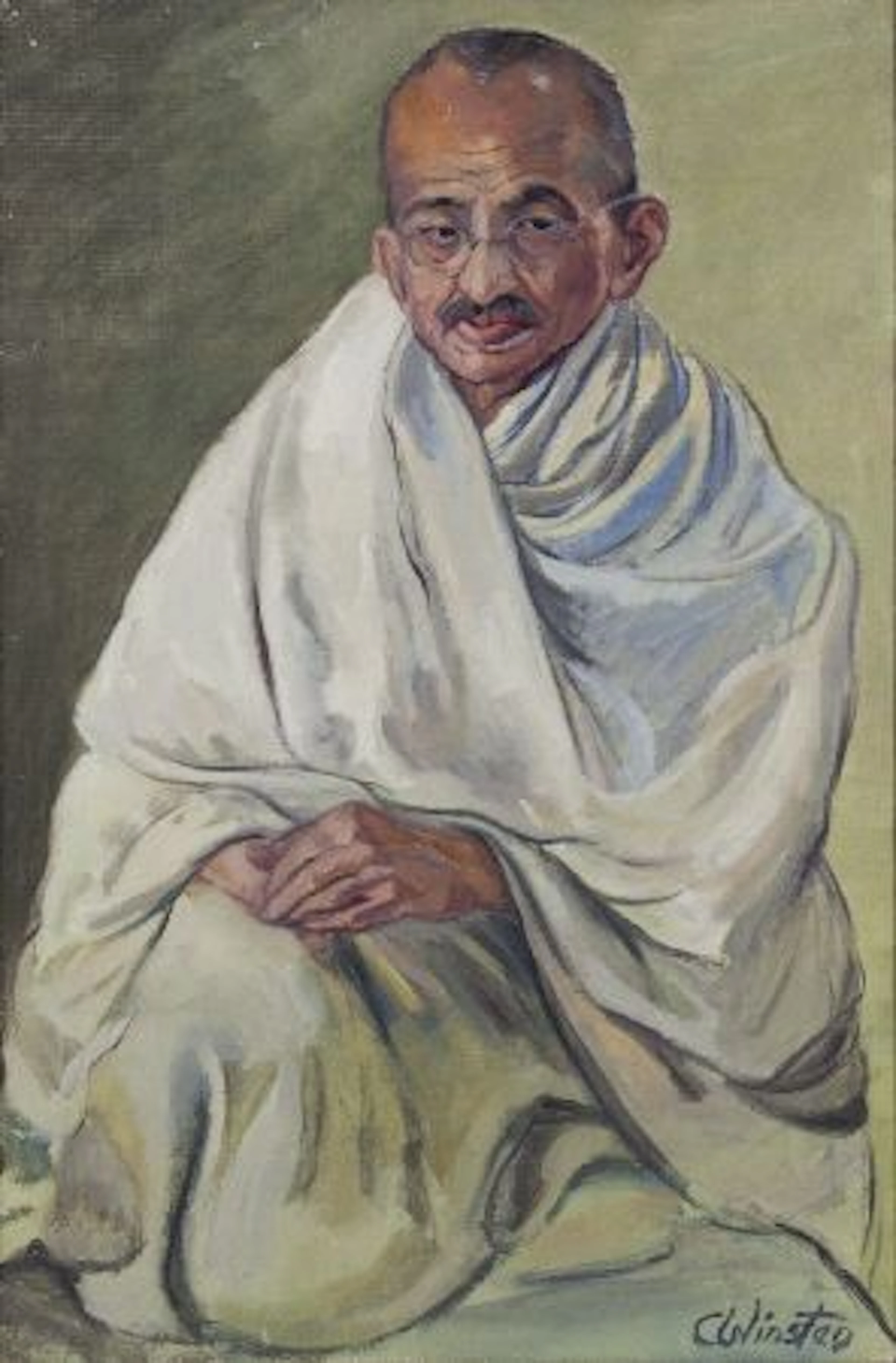 Winsten, Clare - Gandhi, Mahatma, Oil on canvas, signed by the artist, in gilt frame, 60 X 91cm.