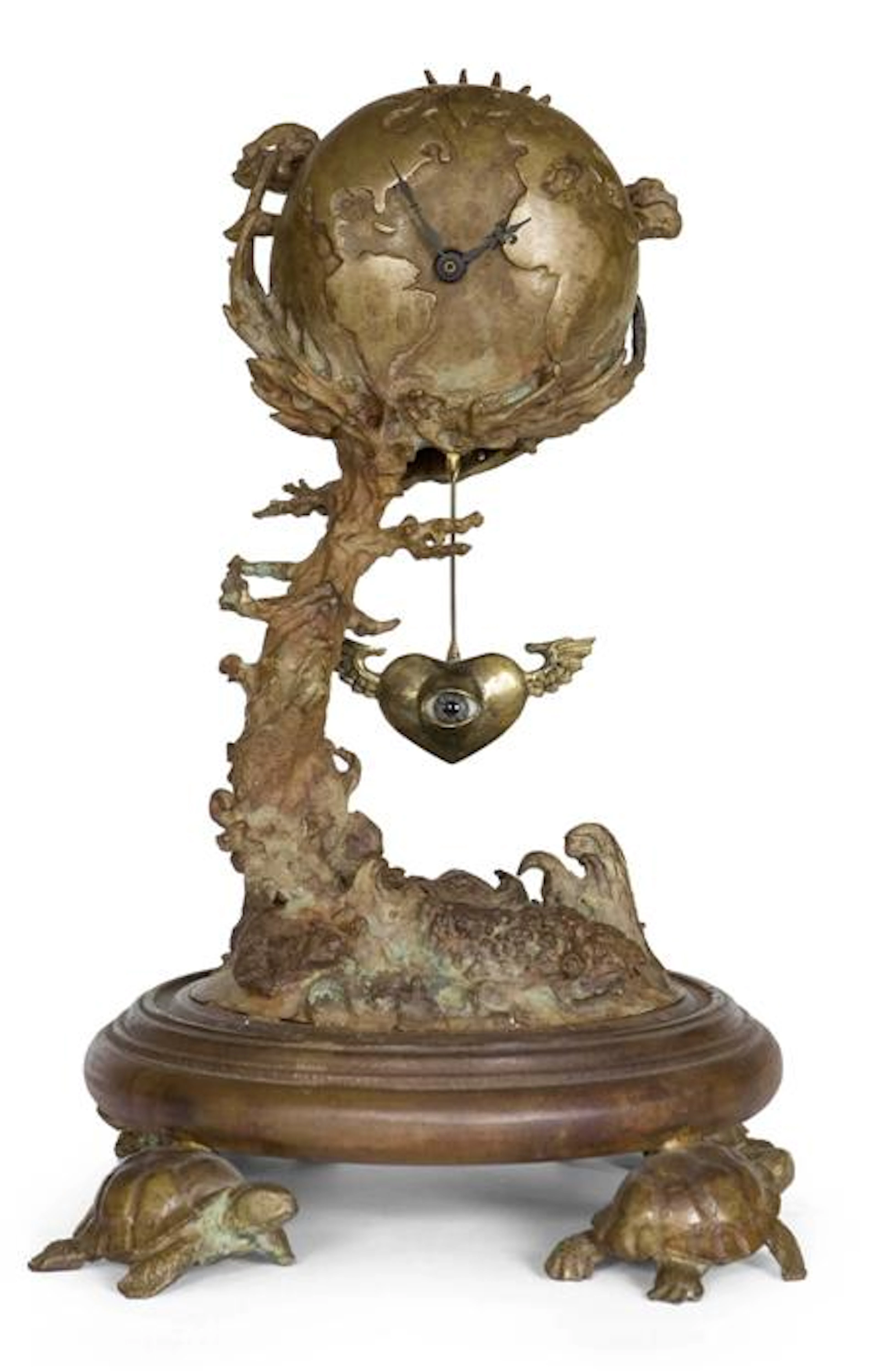 PATINATED BRONZE GLOBE MANTEL CLOCK, BY MARK BRAZIER-JONES, DATED 1991