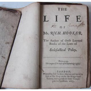 [Walton, Isaac], The life of Mr. Rich. Hooker. London: Rich. Marriott, 1665. First edition, 8vo, contemporary calf, signature of He....