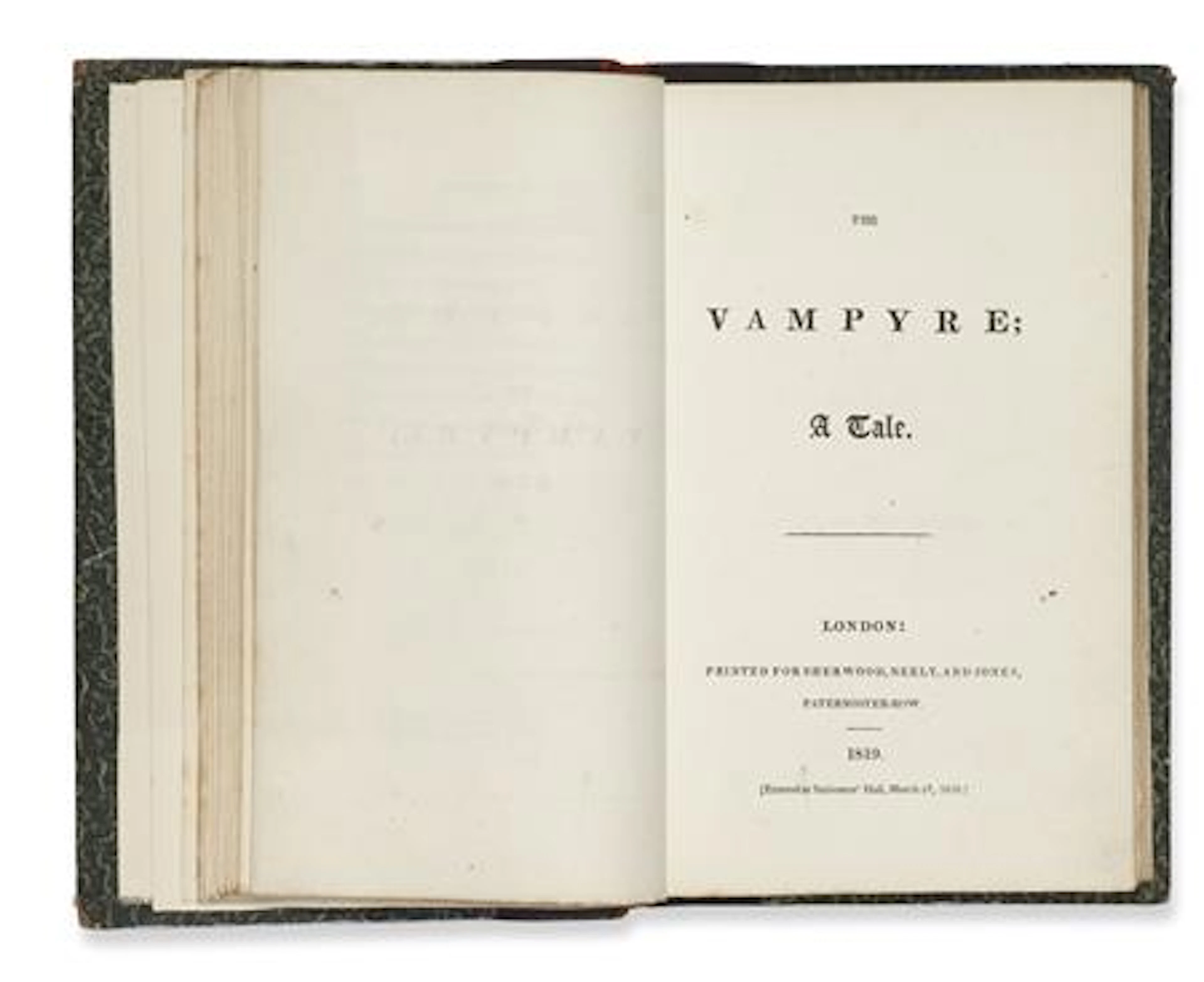 Polidori, John William, The Vampyre; a tale. London: Sherwood, Neely and Jones, 1819. Second issue, with Byron's name removed and "almost"...
