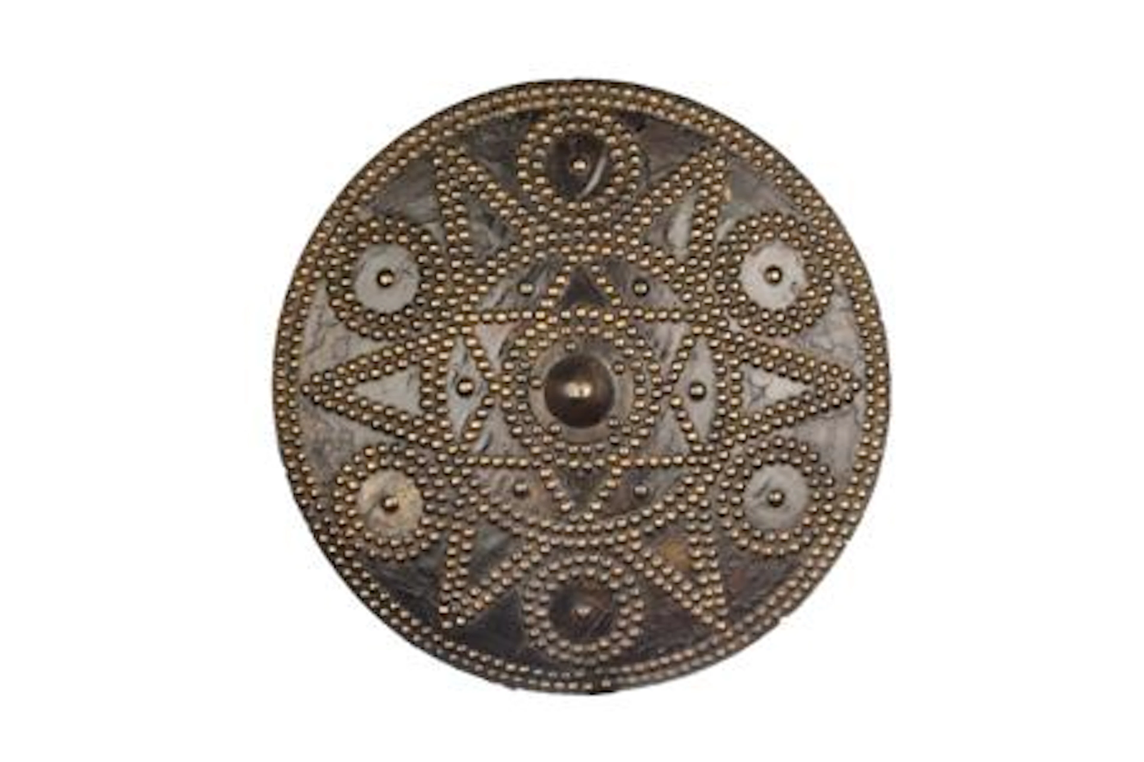 A Scottish Highland targe, circa 1820, of traditional form, dished soft wood leather covered and studded with round topped brass studs...