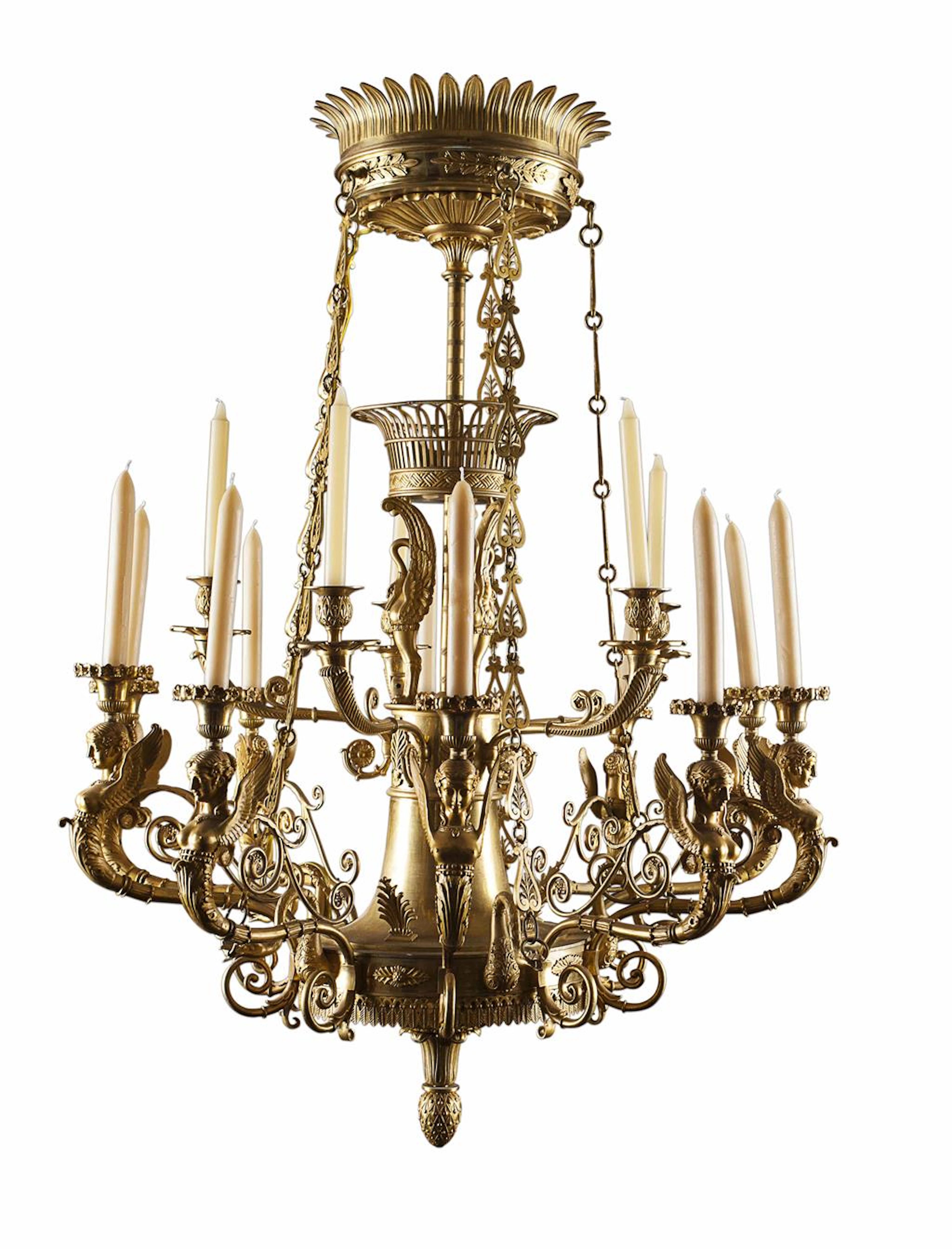 NEOCLASSICAL GILT METAL CHANDELIER, POSSIBLY SCANDINAVIAN OR RUSSIAN, EARLY 19TH CENTURY