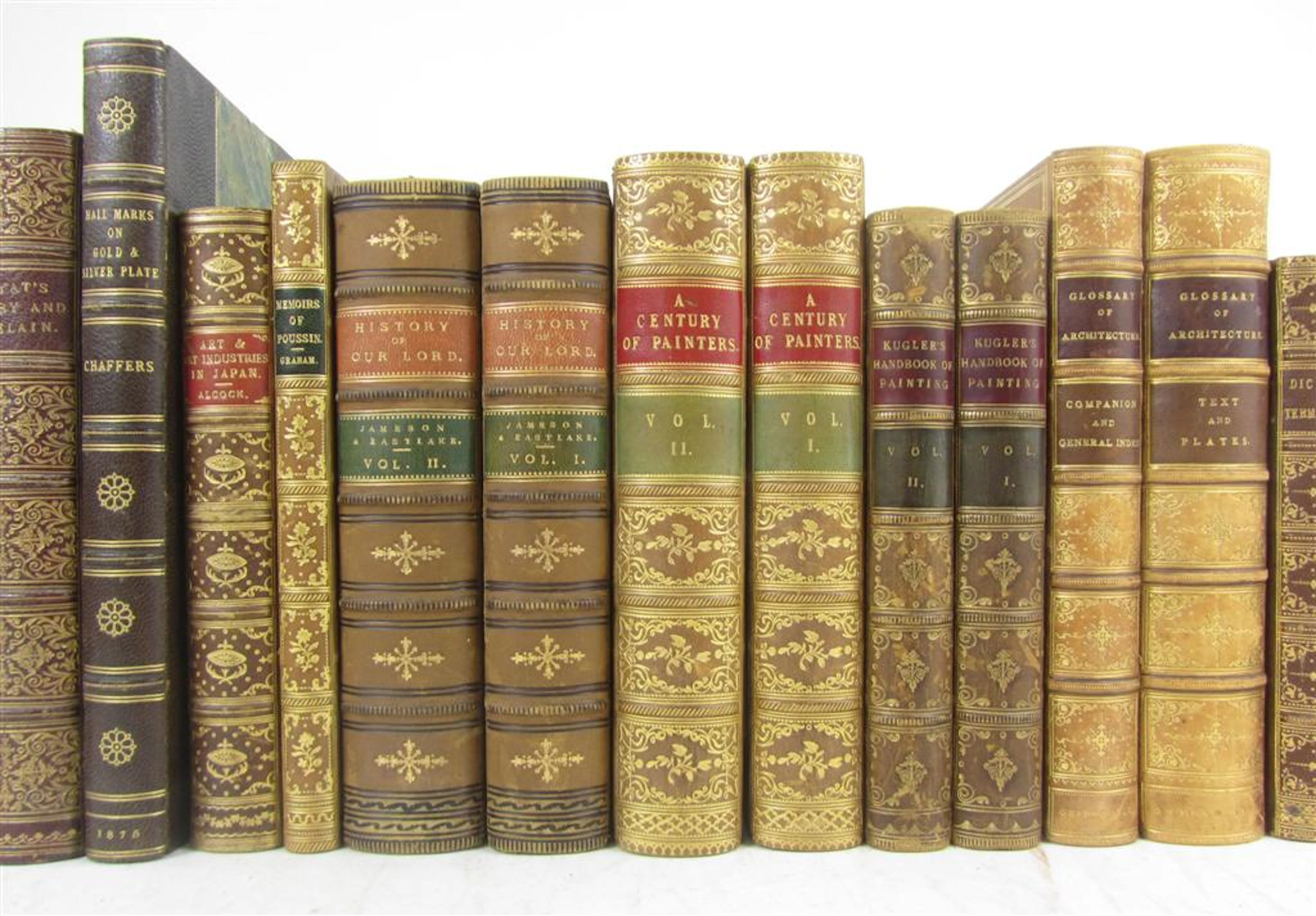 Bindings - Art reference, handsomely bound, 24 volumes, including, Waagen, Dr. Handbook of painting. 1860. 2 vol., half calf; Alcock,...