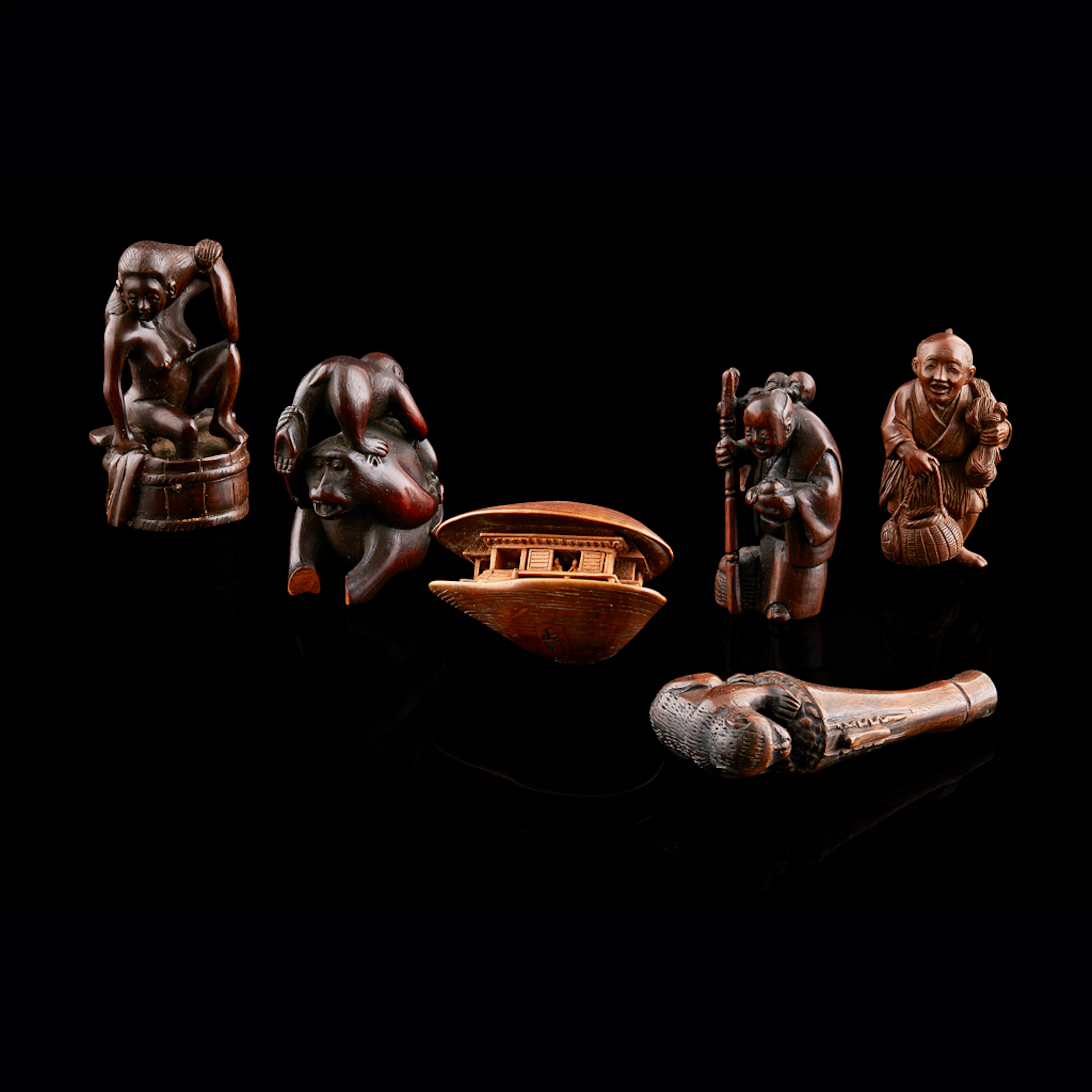 GROUP OF SIX WOOD CARVED NETSUKE, MEIJI PERIOD