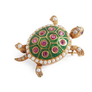 A multi-gem and enamel turtle brooch, A multi-gem and enamel turtle brooch