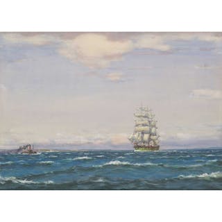 PATRICK DOWNIE R.S.W (SCOTTISH 1871-1945) THE GREEN BARQUE OFF TURNBERRY