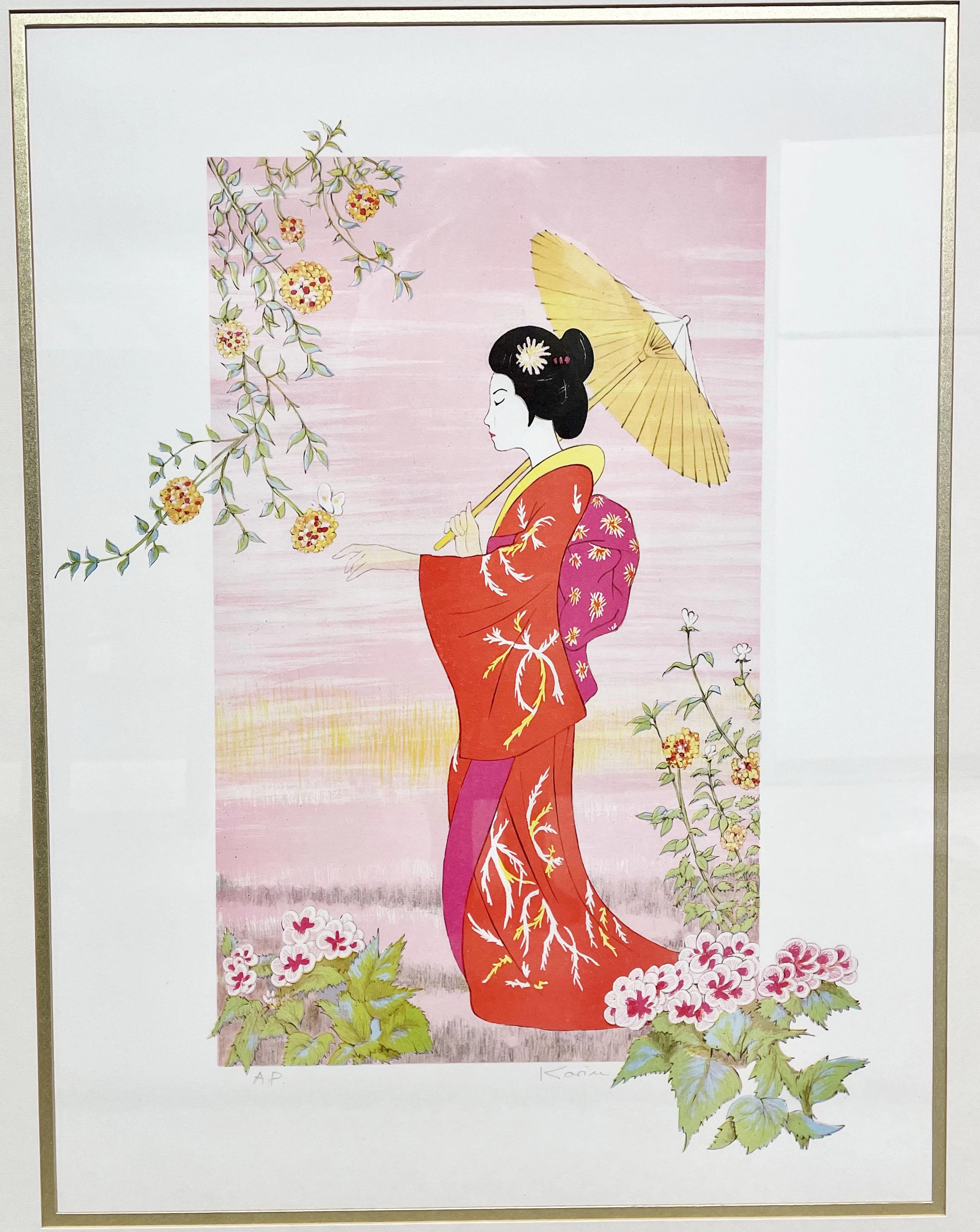 Japanese Pink Geisha lithograph, signed by the artist