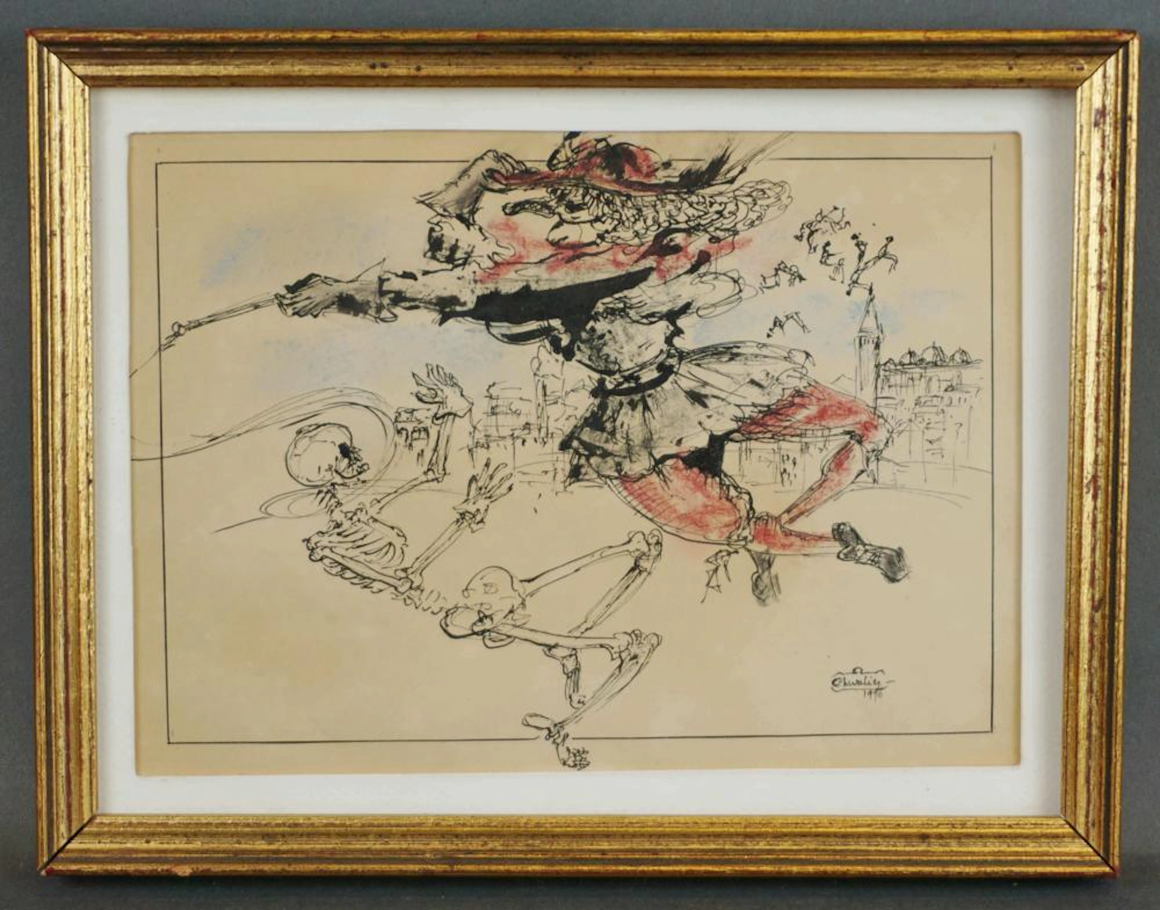 Dessin signé Chevalier "Composition surréaliste". Daté 1990. 21x15 cm