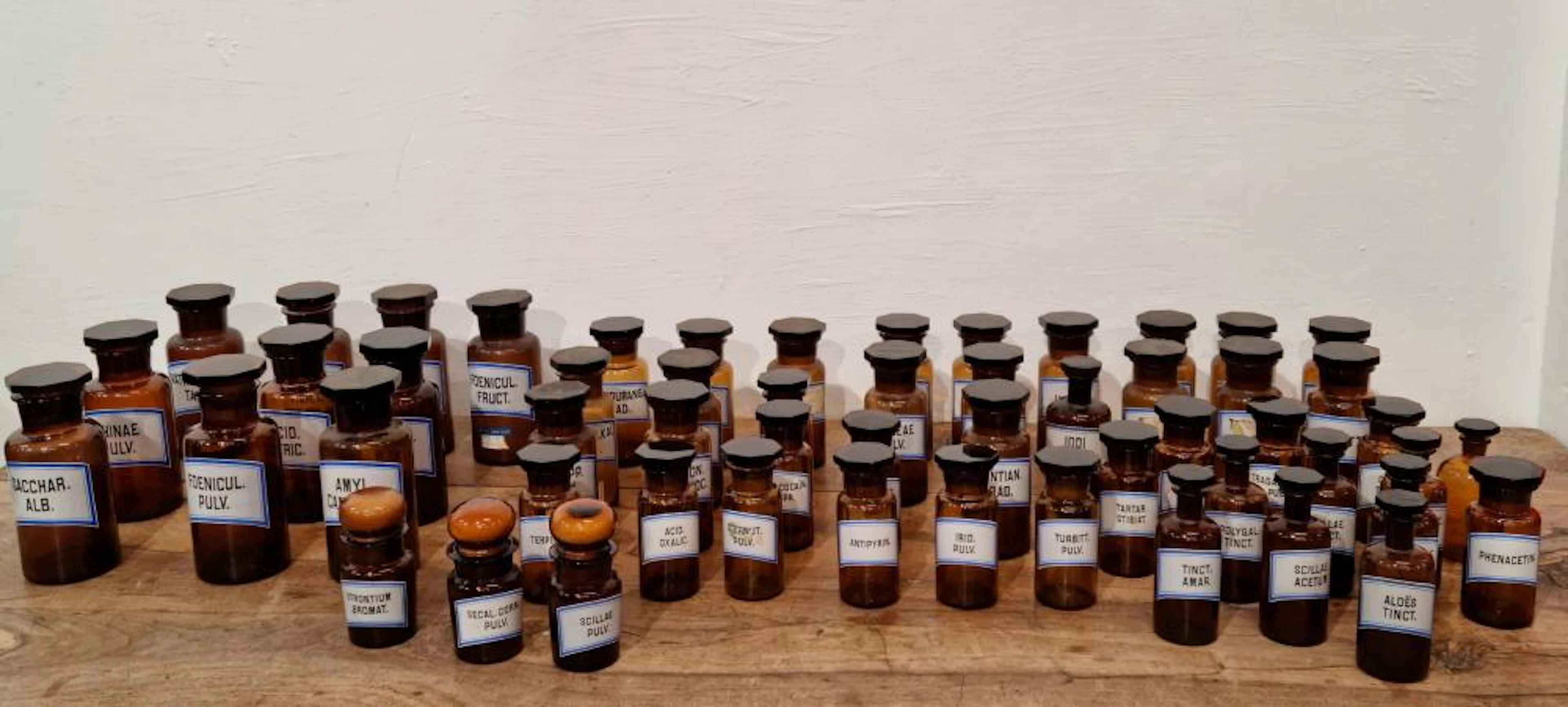 Série de 55 pots à pharmacie en verre