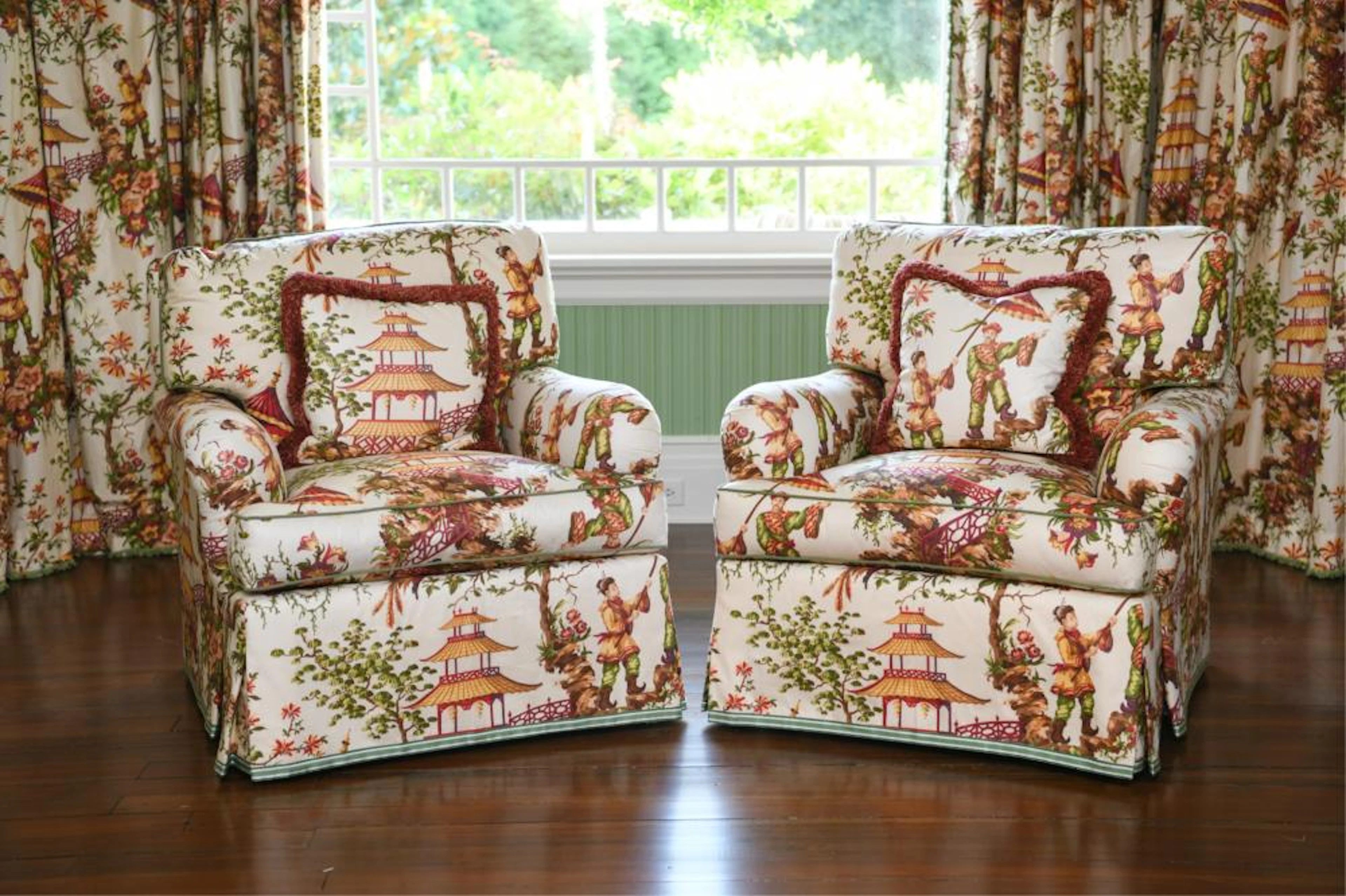 CHINOISERIE UPHOLSTERED LOUNGE CHAIRS