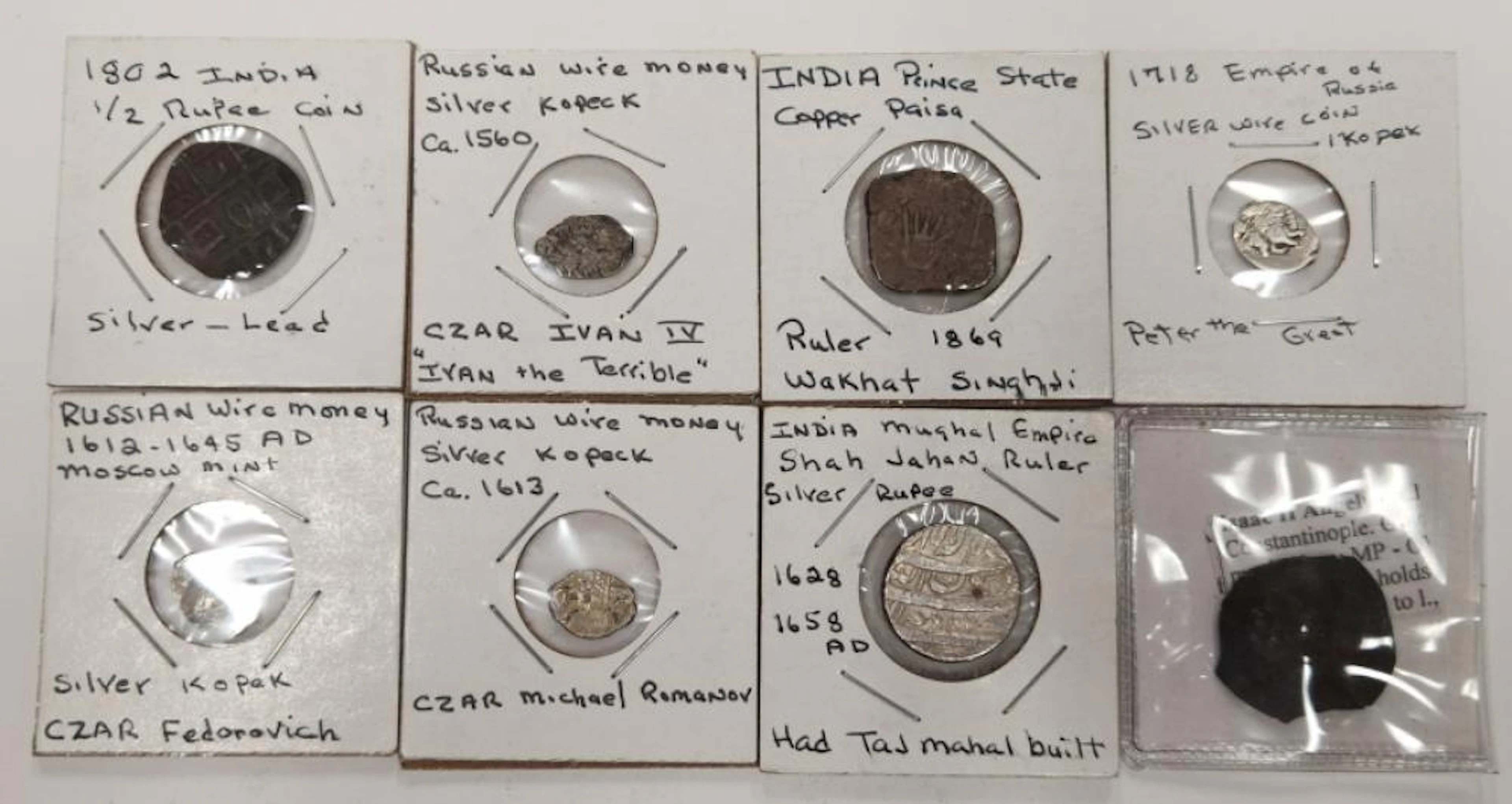 Lot of 8 Antique Russian and Indian Coins