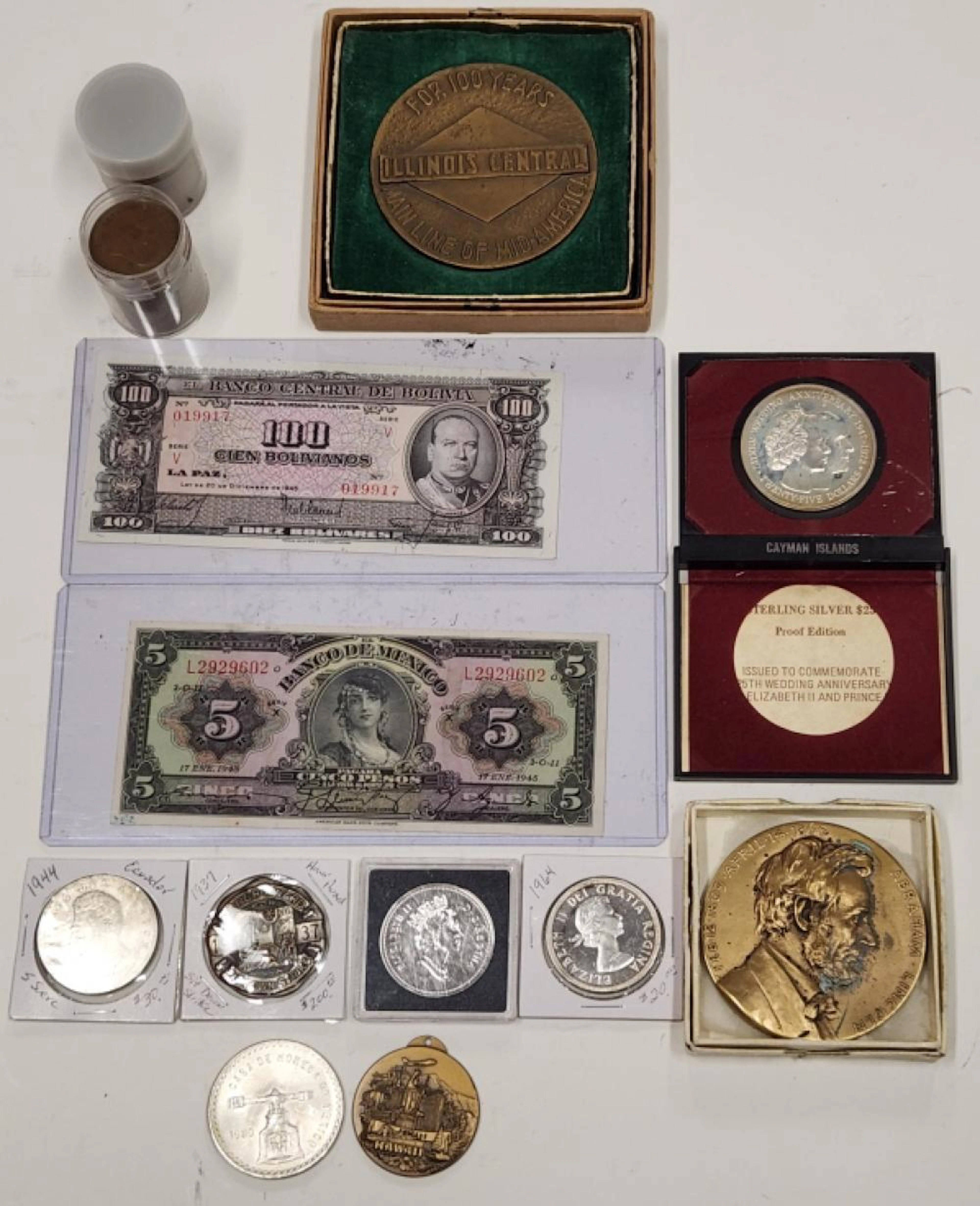 Lot of Foreign Coins,Currency,& Medals-Some Silver