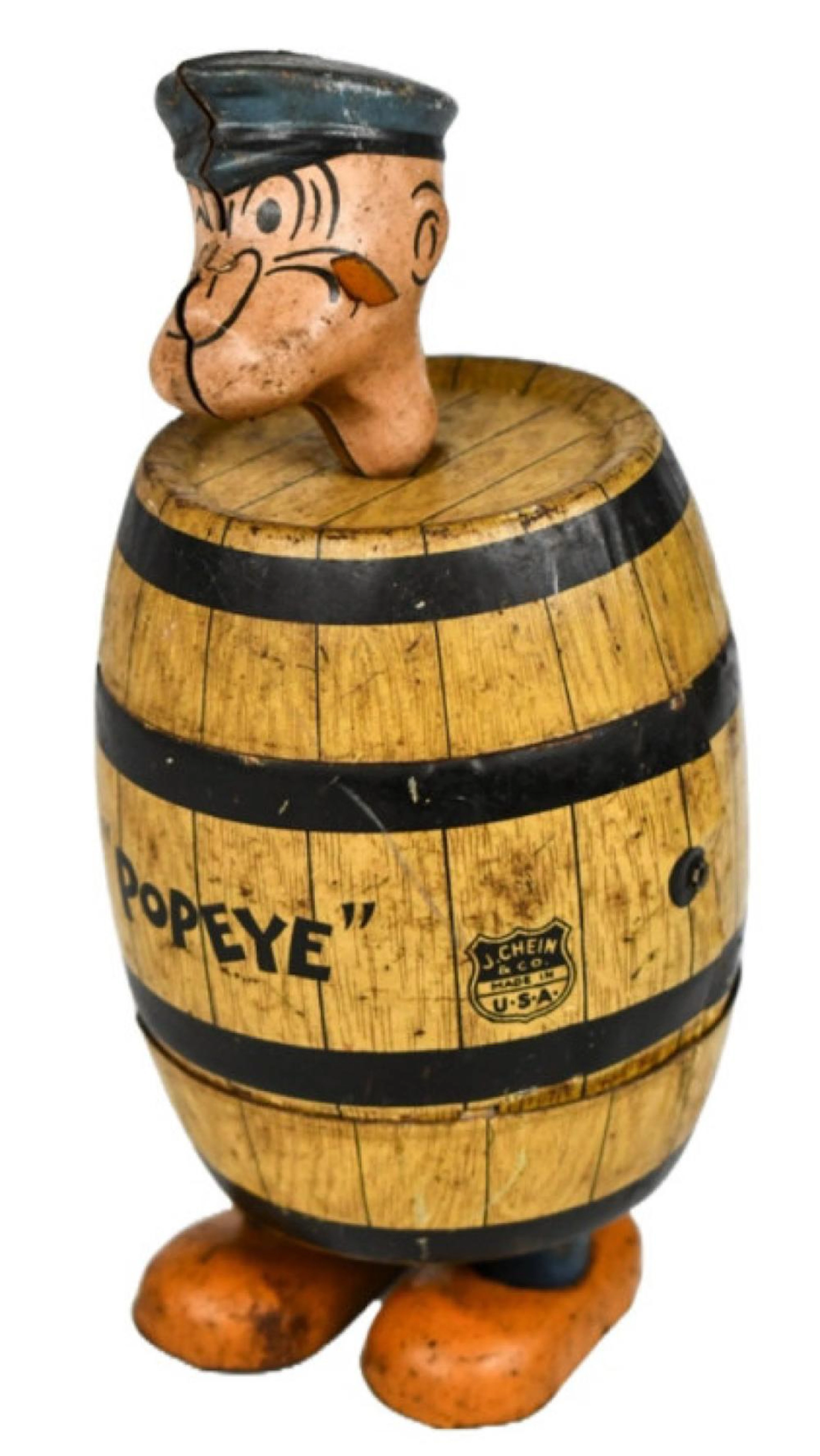 J Chein Tin Litho Windup Popeye In Barrel Walker