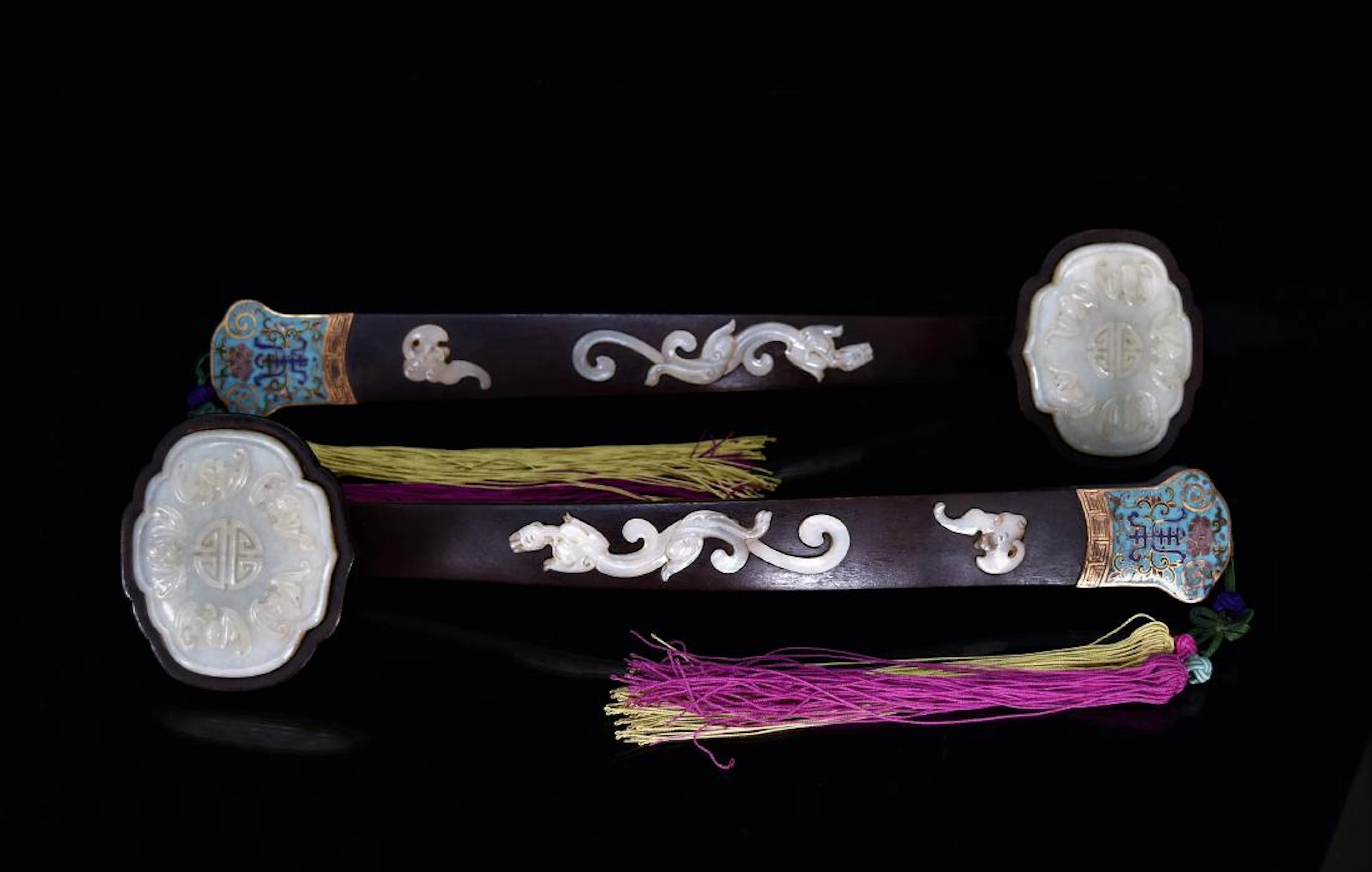 Pair of celadon jade zitan ruyi scepters