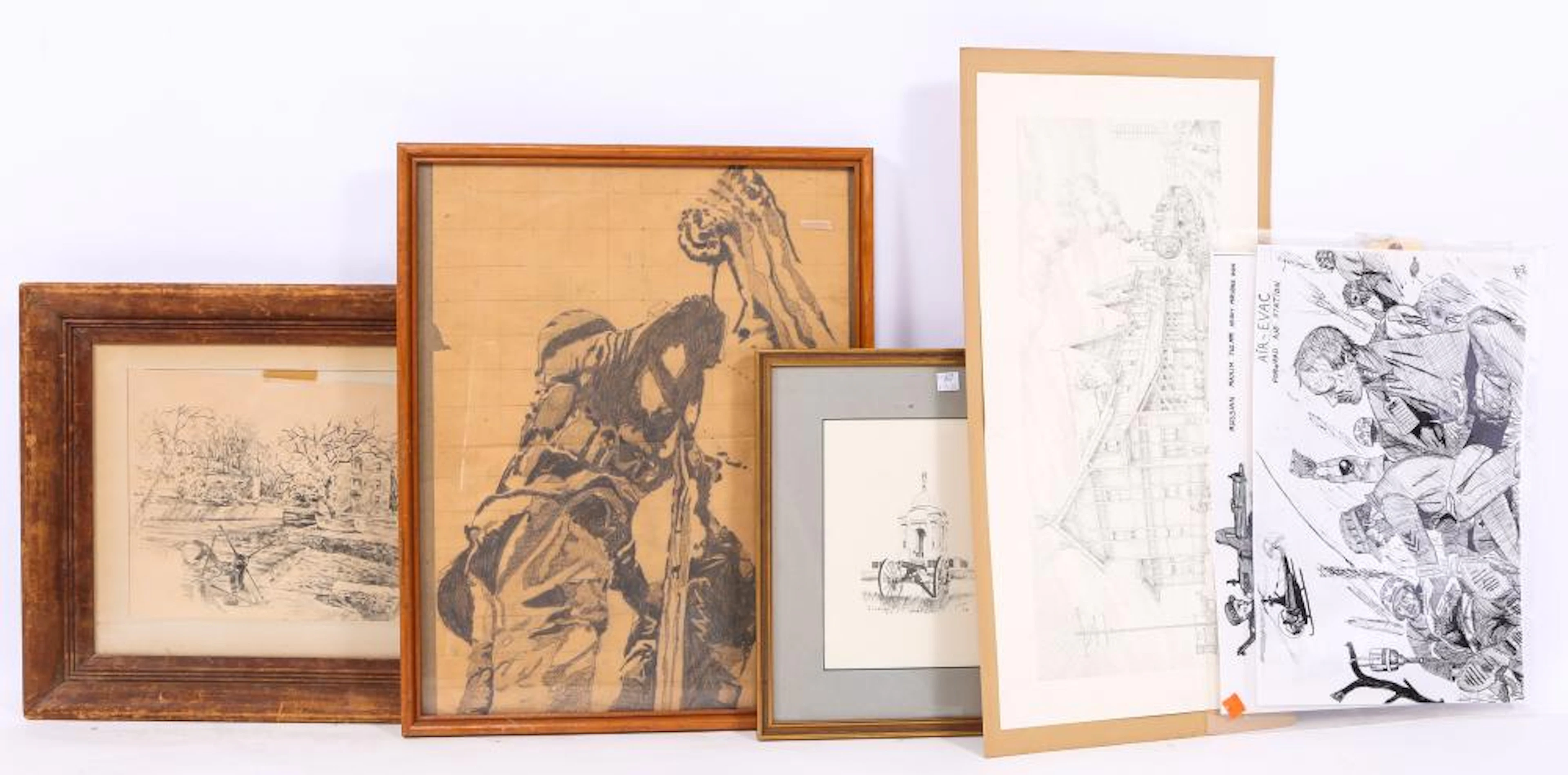 MILITARY PENCIL DRAWING AND PRINT LOT