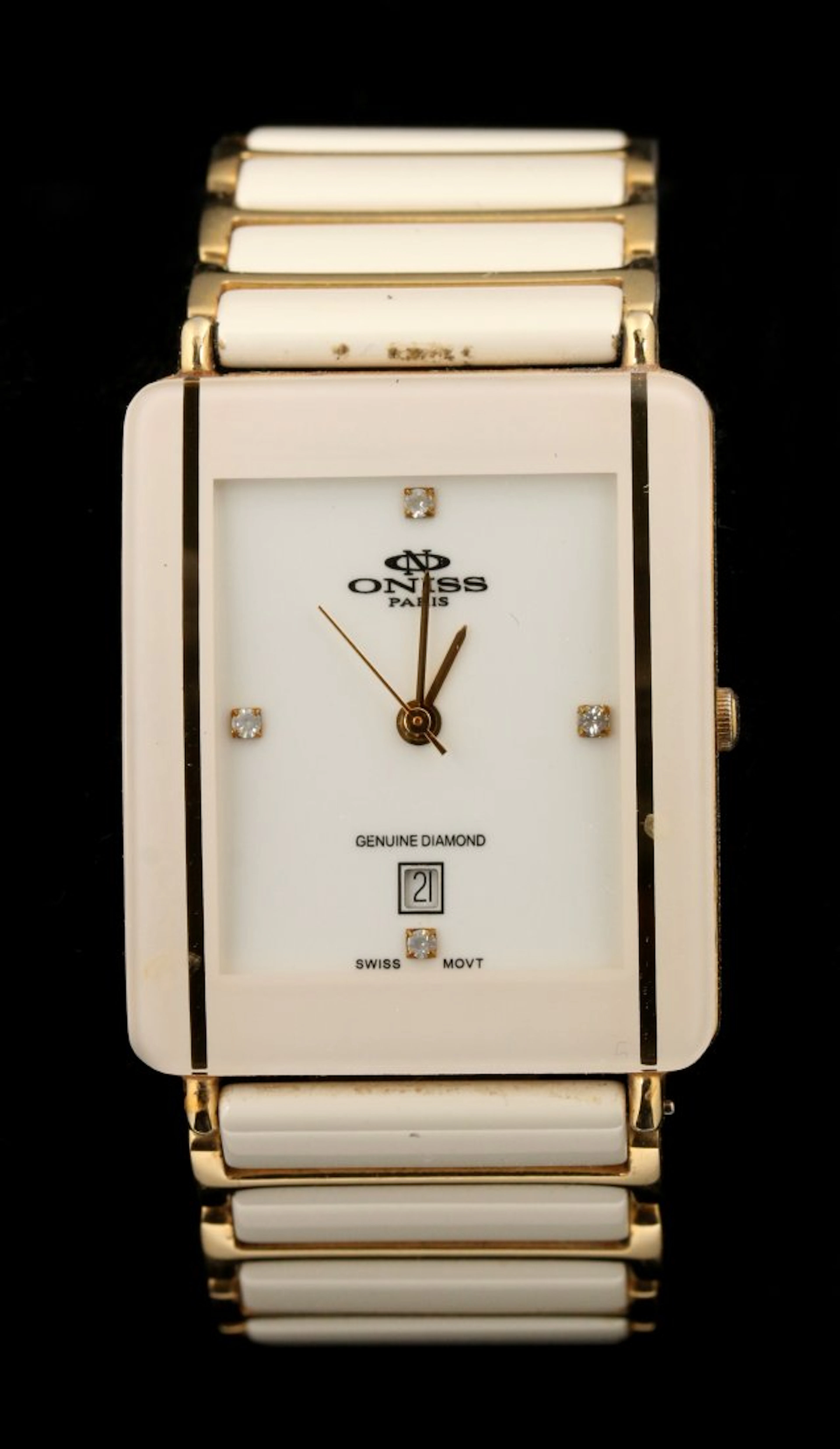 RECTANGULAR ONISS PARIS DATE WATCH WITH CERAMIC BAND