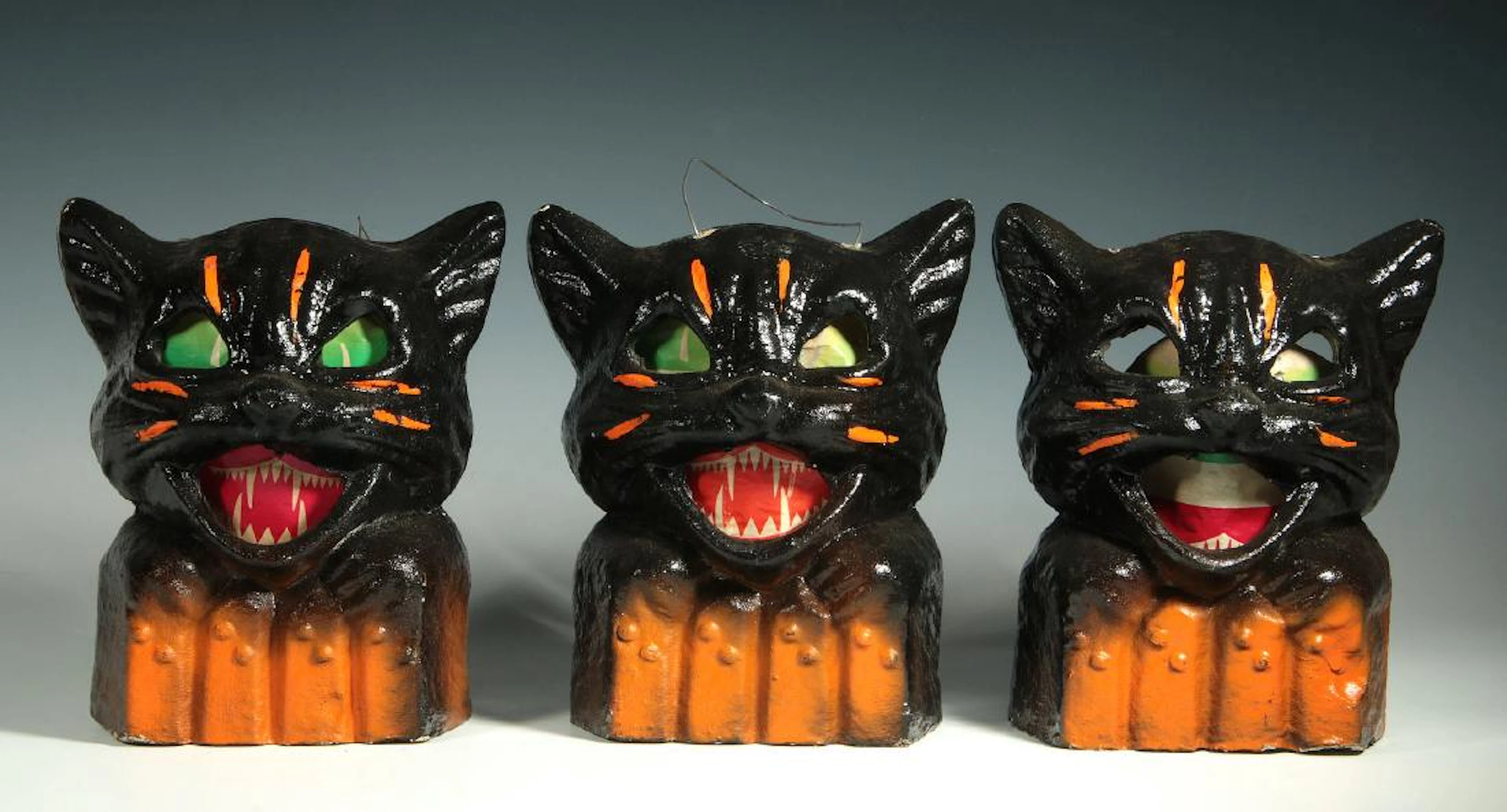 THREE GOOD BLACK CAT ON FENCE HALLOWEEN LANTERNS