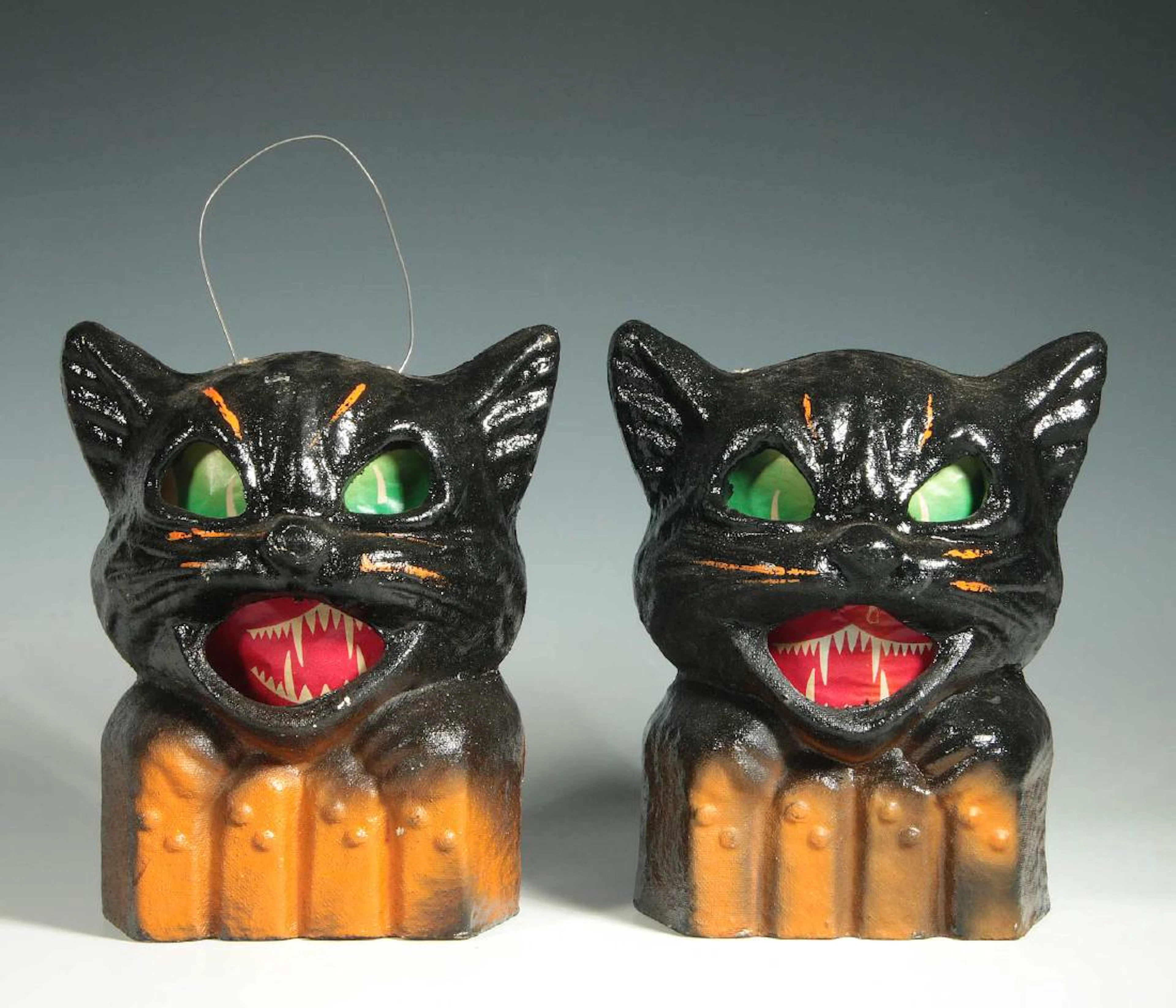 TWO GOOD BLACK CAT ON FENCE HALLOWEEN LANTERNS