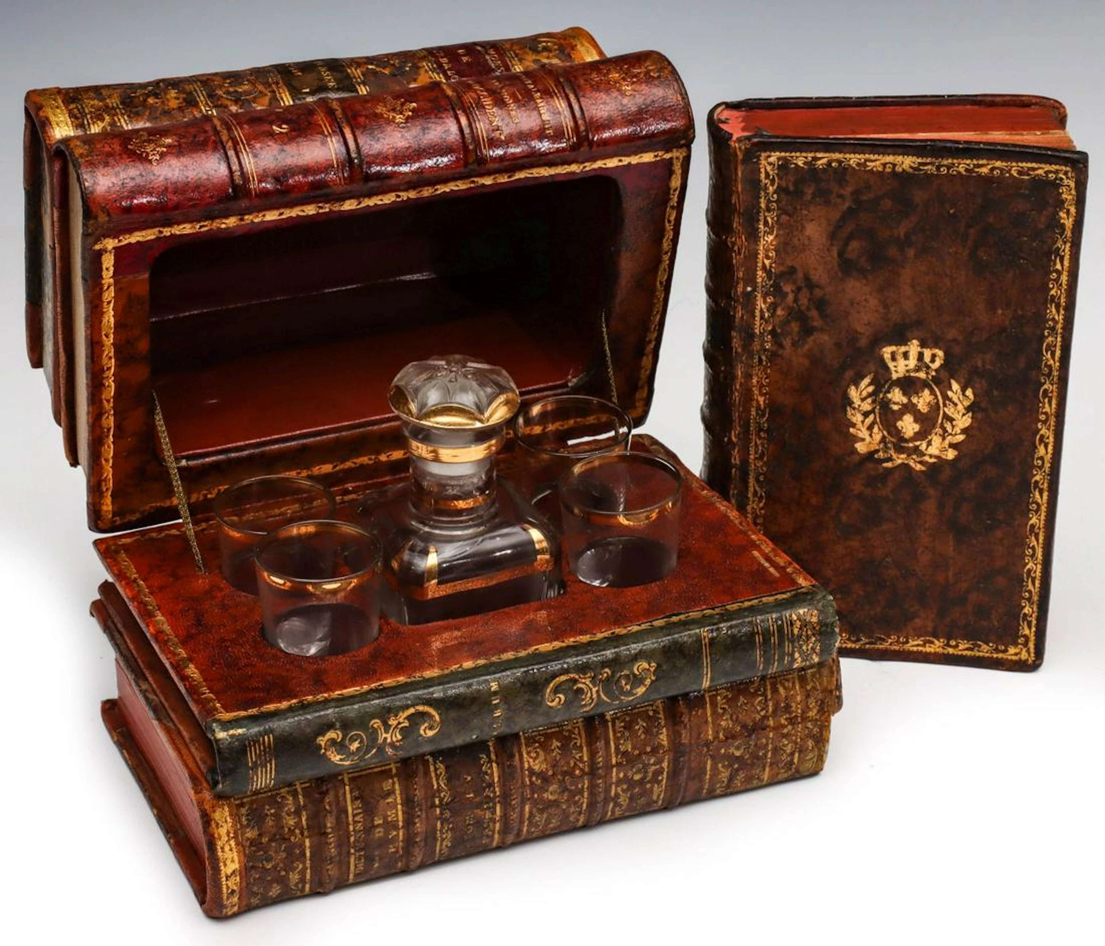 FAUX ANTIQUE LEATHER BOOK LIQUEUR SET AND HIDDEN BOX