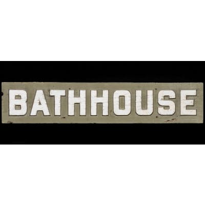 A CARVED AND PAINTED WOOD SIGN FOR 'BATH HOUSE'