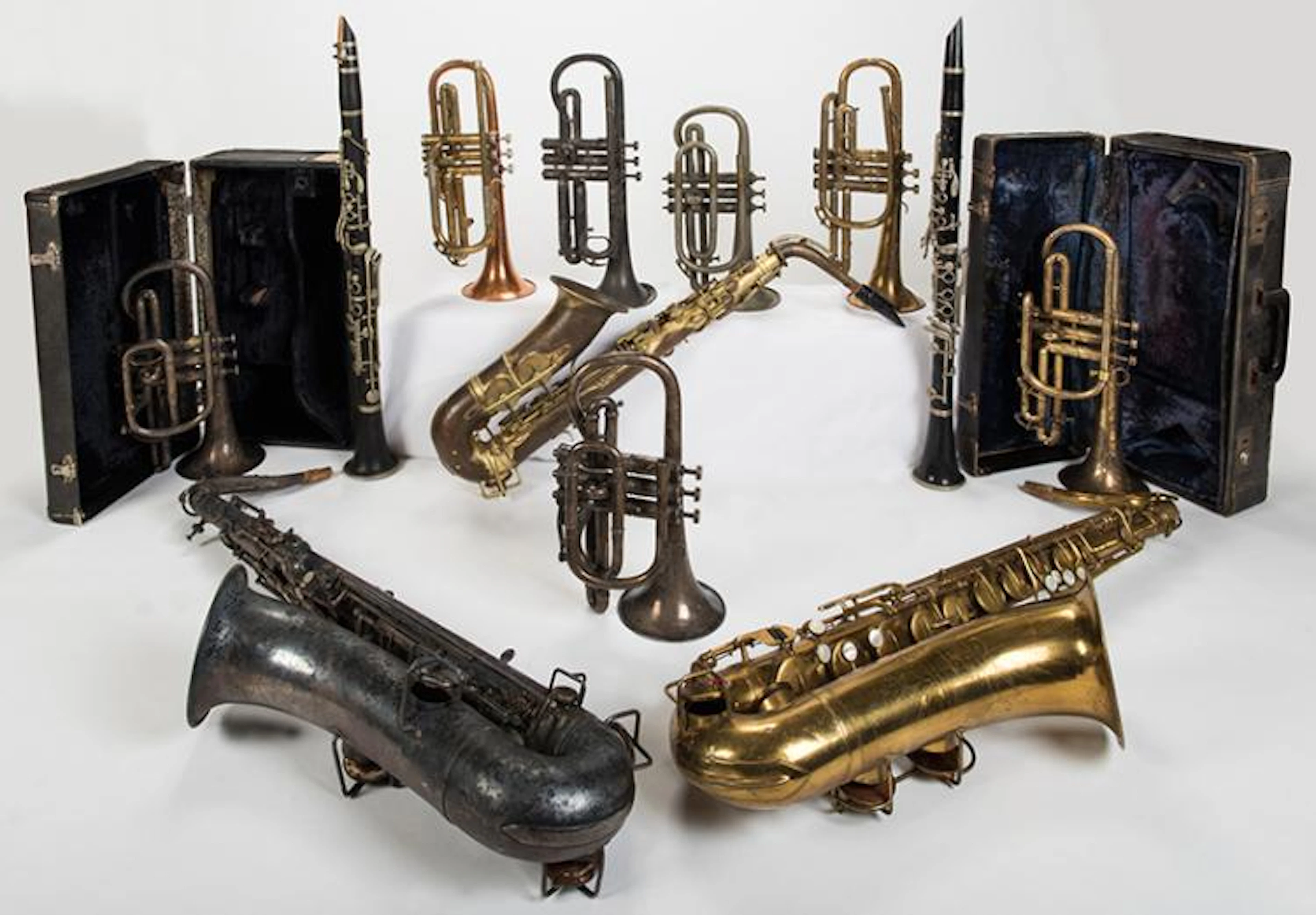 Lot of 10 Vintage and Antique Brass and Woodwind Instruments. 