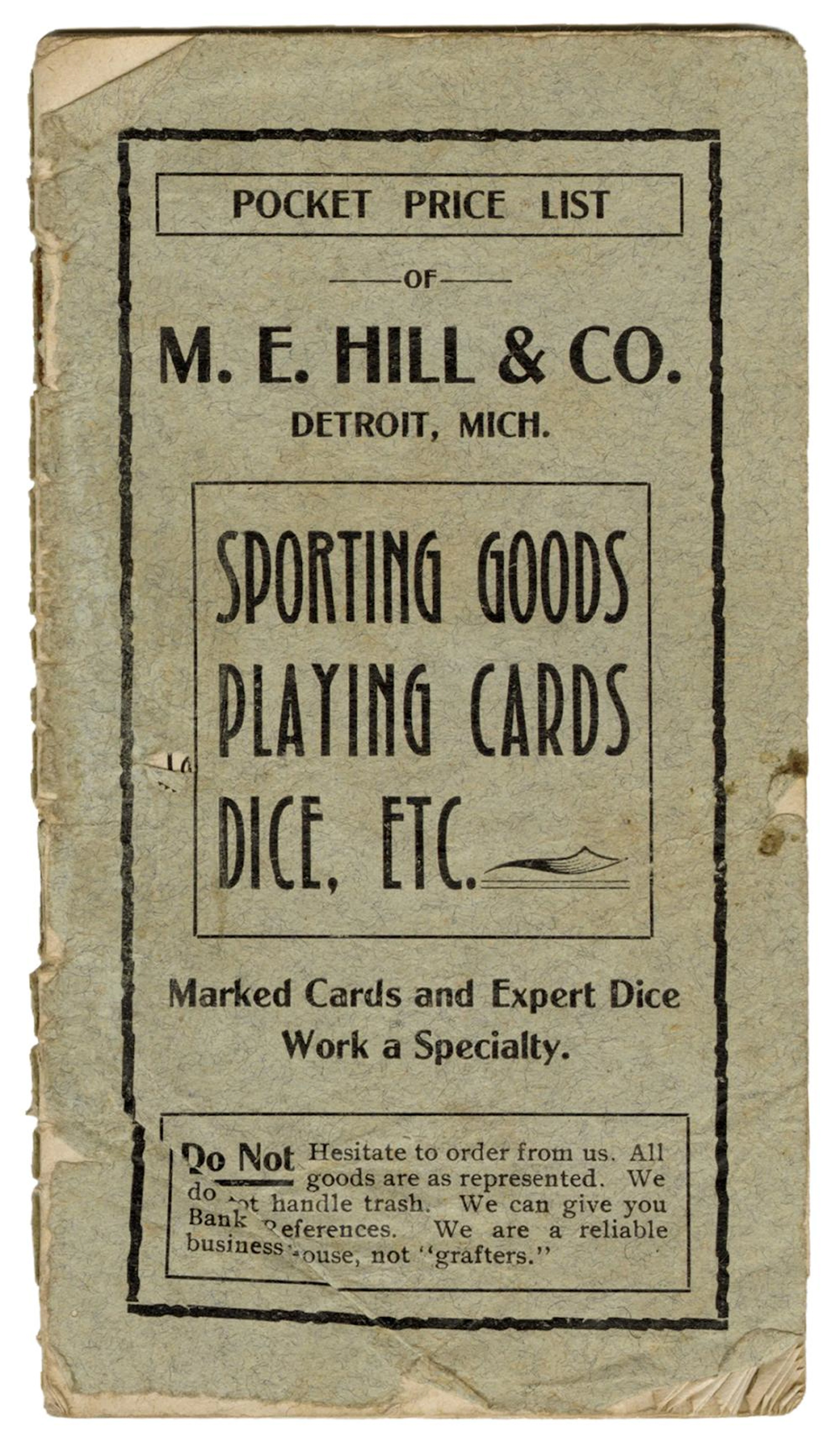 M.E. Hill & Co. Sporting Goods, Playing Cards, Dice, Etc. D...