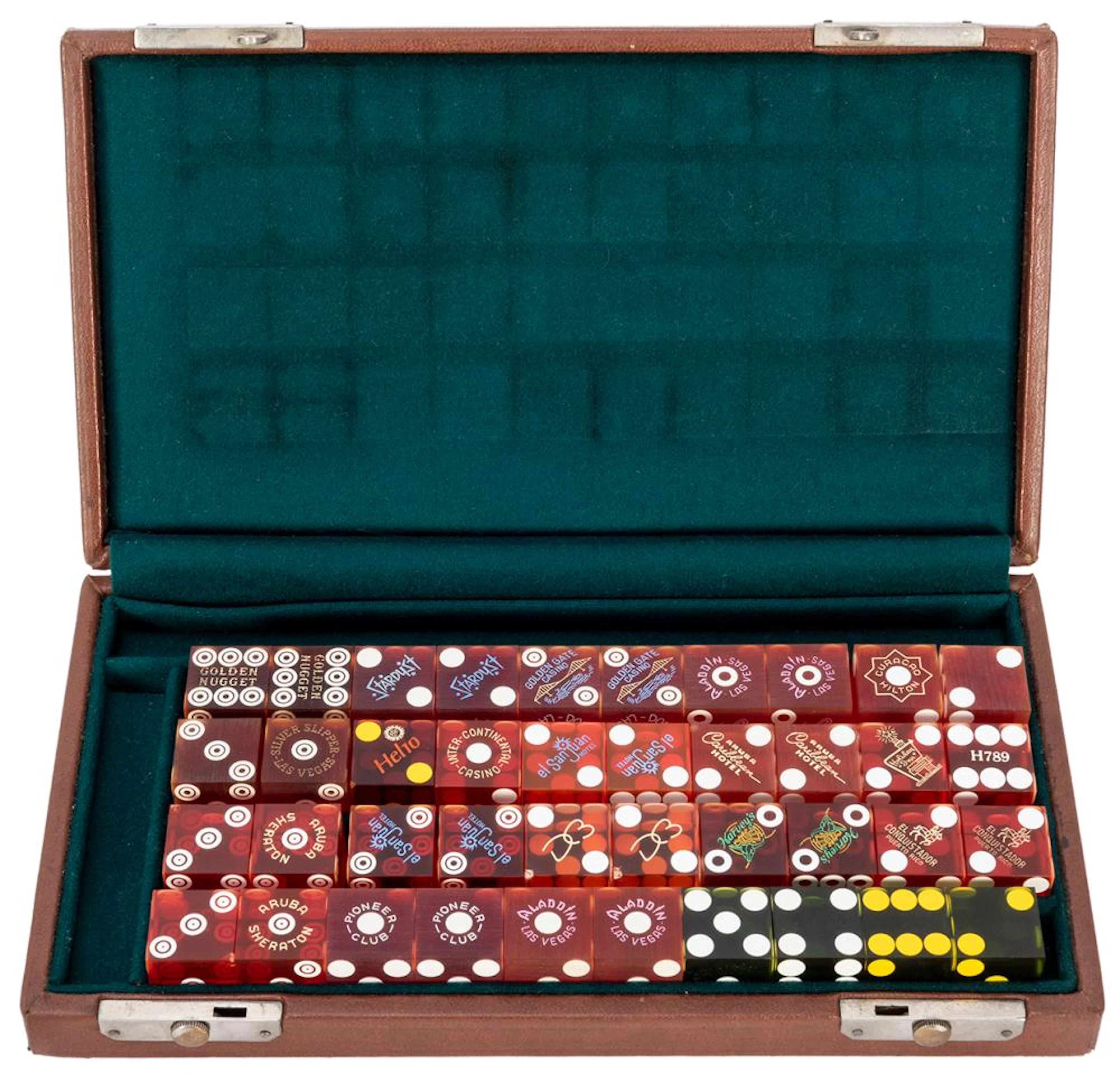 H.C. Edwards Cased Set of Casino Dice. Clasping hinged leat...