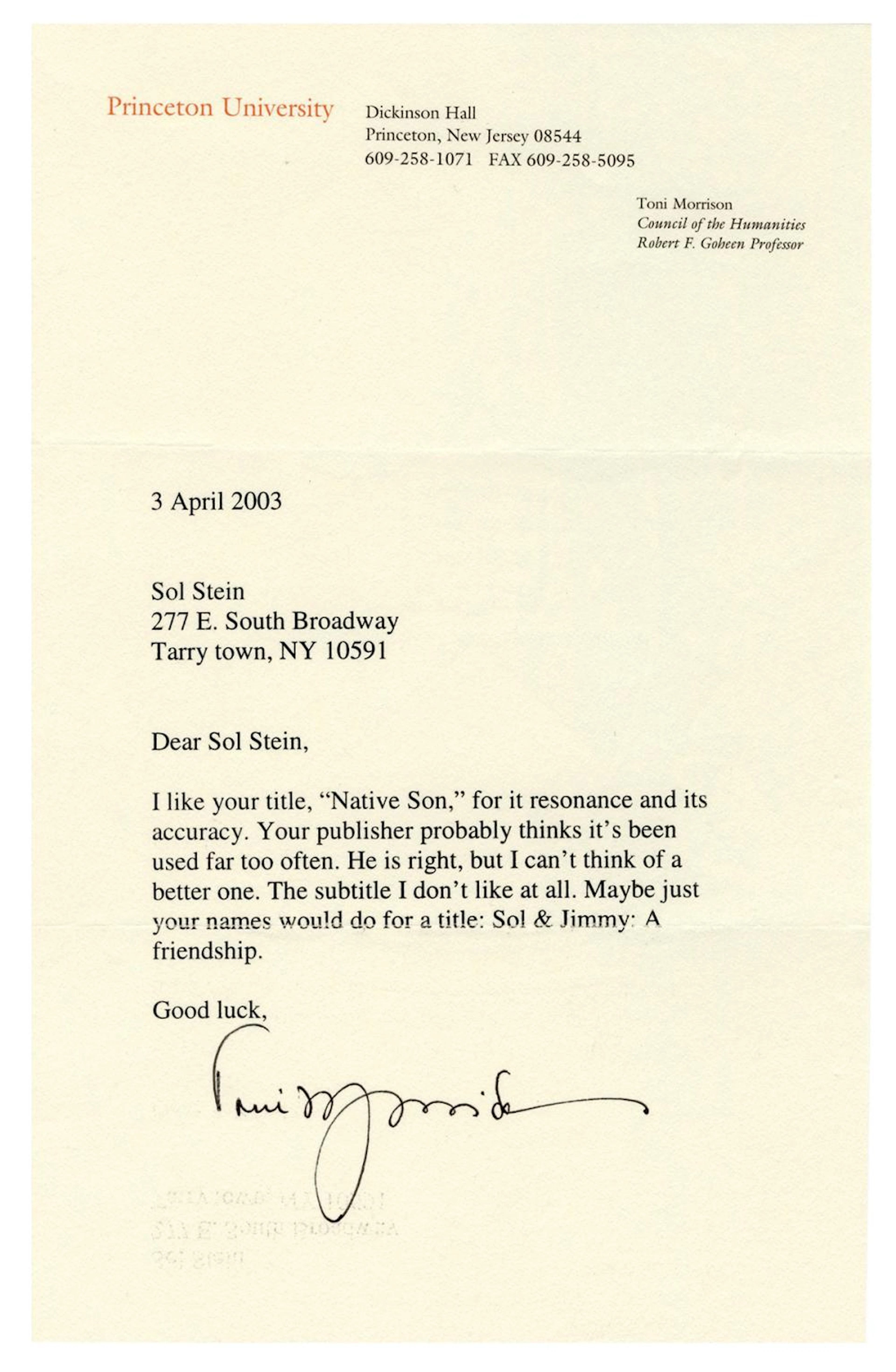 MORRISON, TONI (1931-2019). TYPED LETTER SIGNED TO SOL STEI...