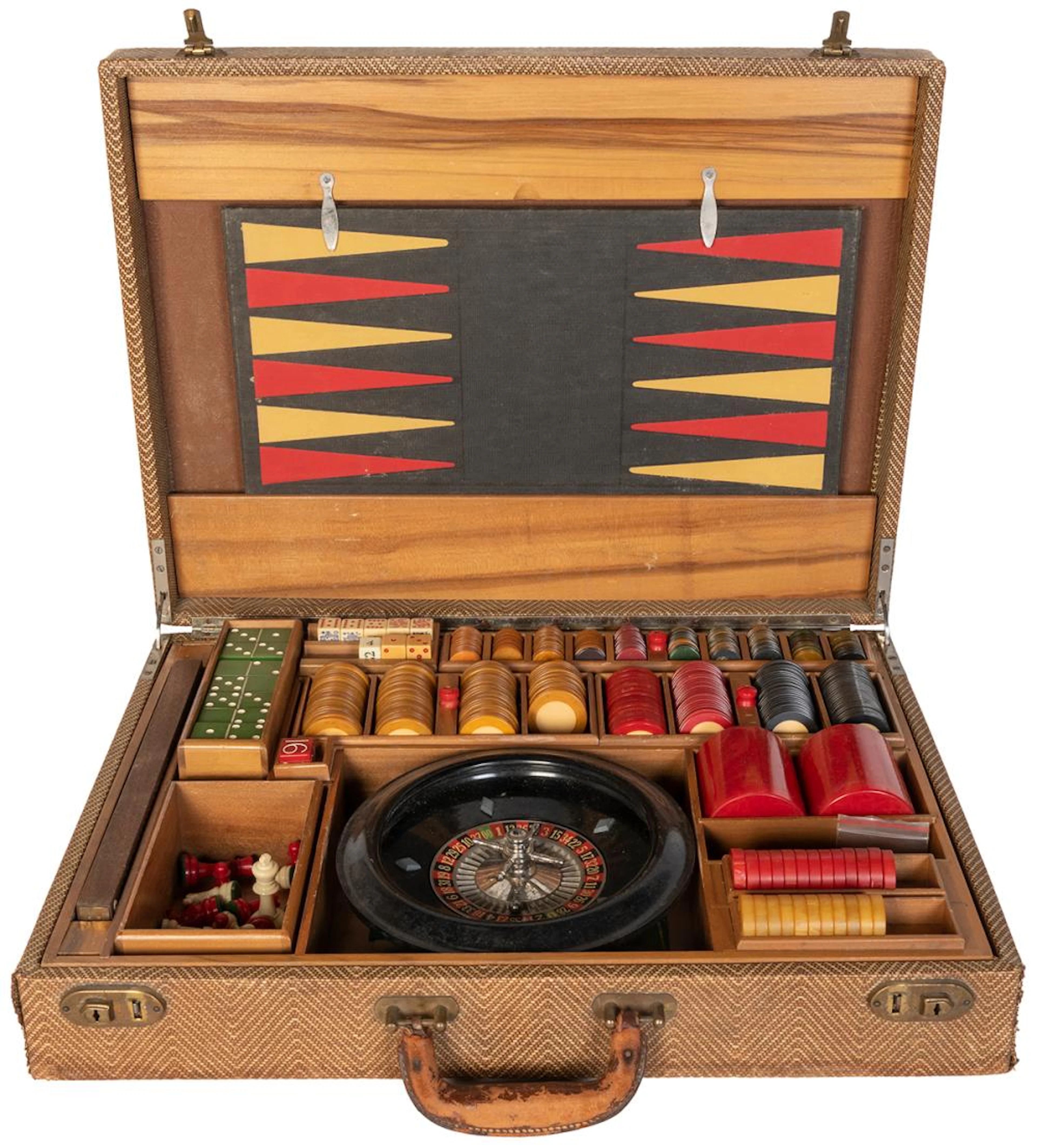 A Mid-Century Bakelite Multi-Game Gaming Set. Suitcase-desi...