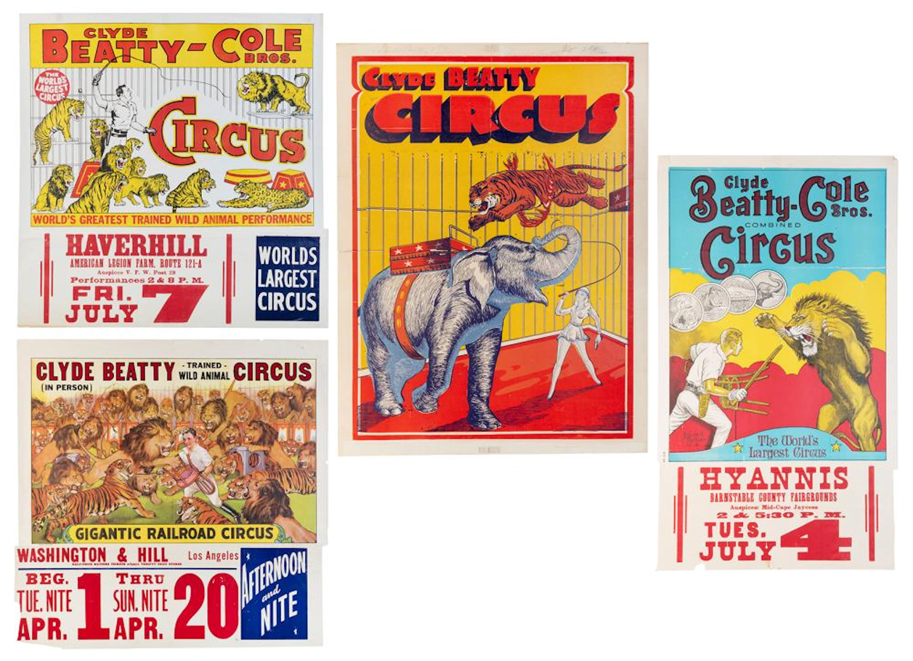 Clyde Beatty. Four lion-taming posters. American, v.d. (ca....