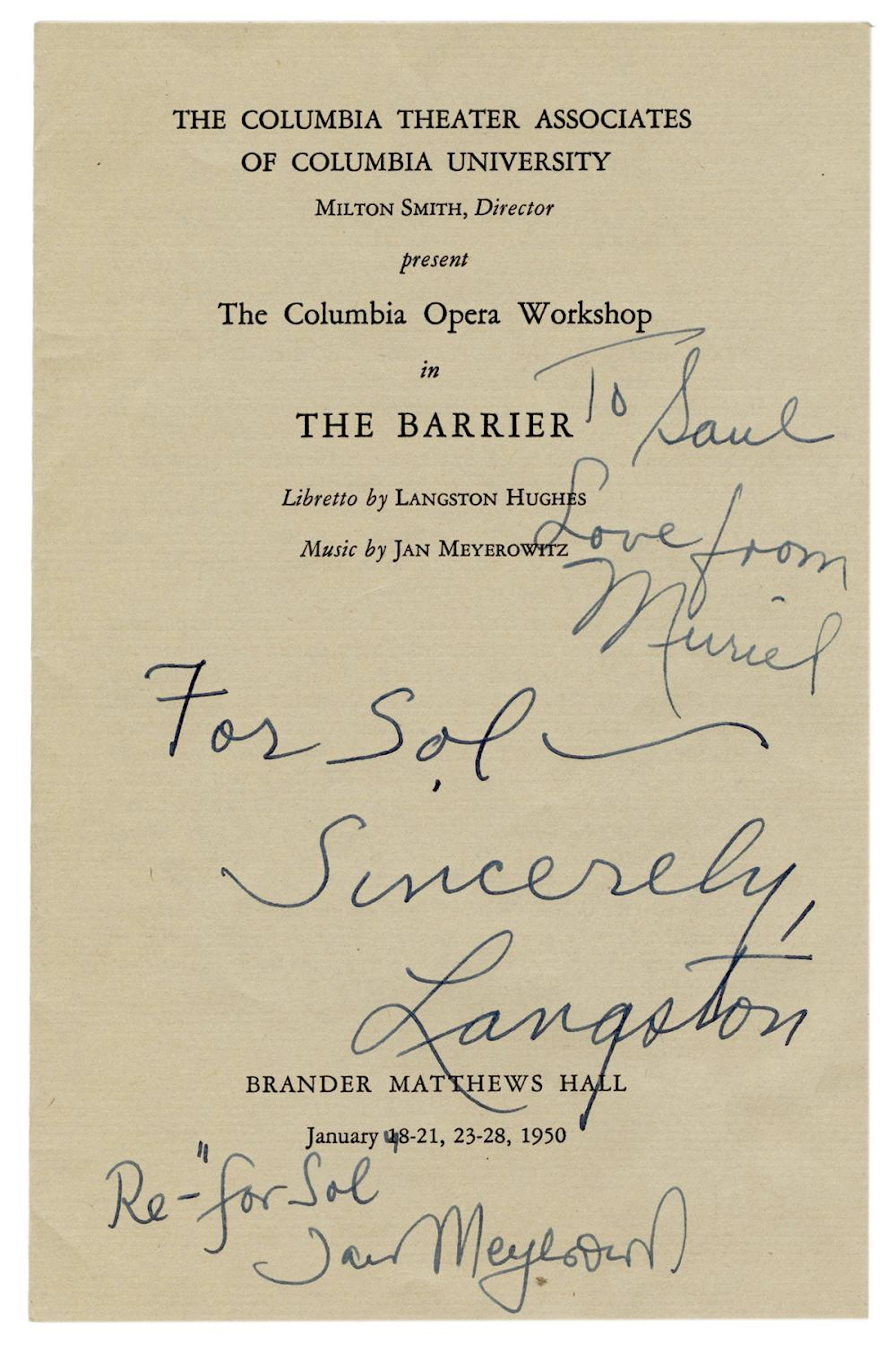 HUGHES, Langston (1901?1967). The Barrier: A New Musical Dr...